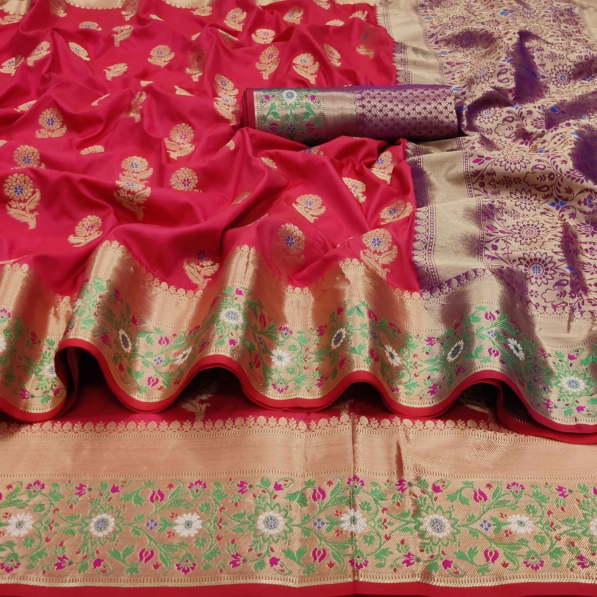 Rani Pink Festive Wear Floral Woven Soft Silk Saree With Jacquard Border - Peachmode