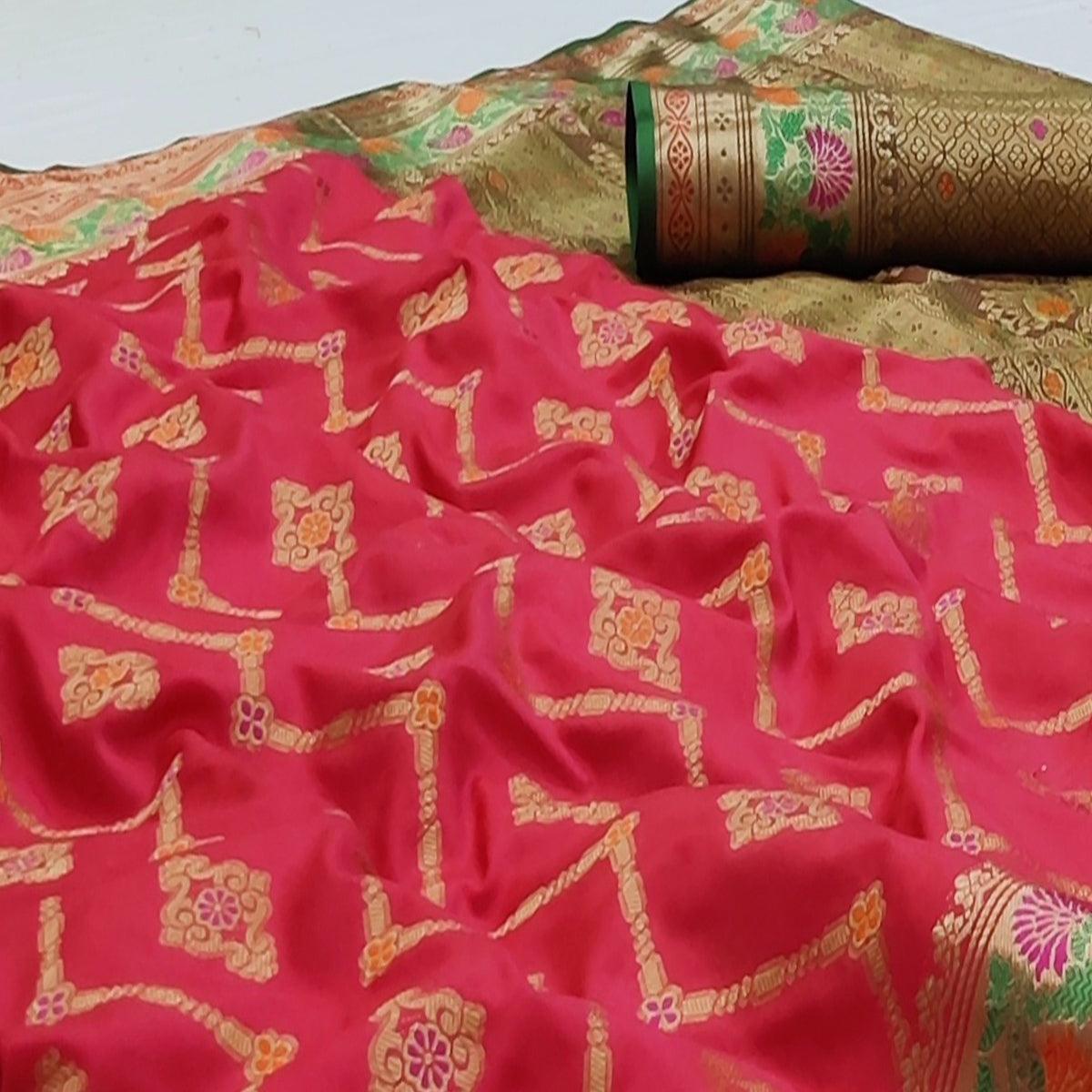 Rani Pink Festive Wear Floral Woven Soft Silk Saree With Jacquard Border - Peachmode