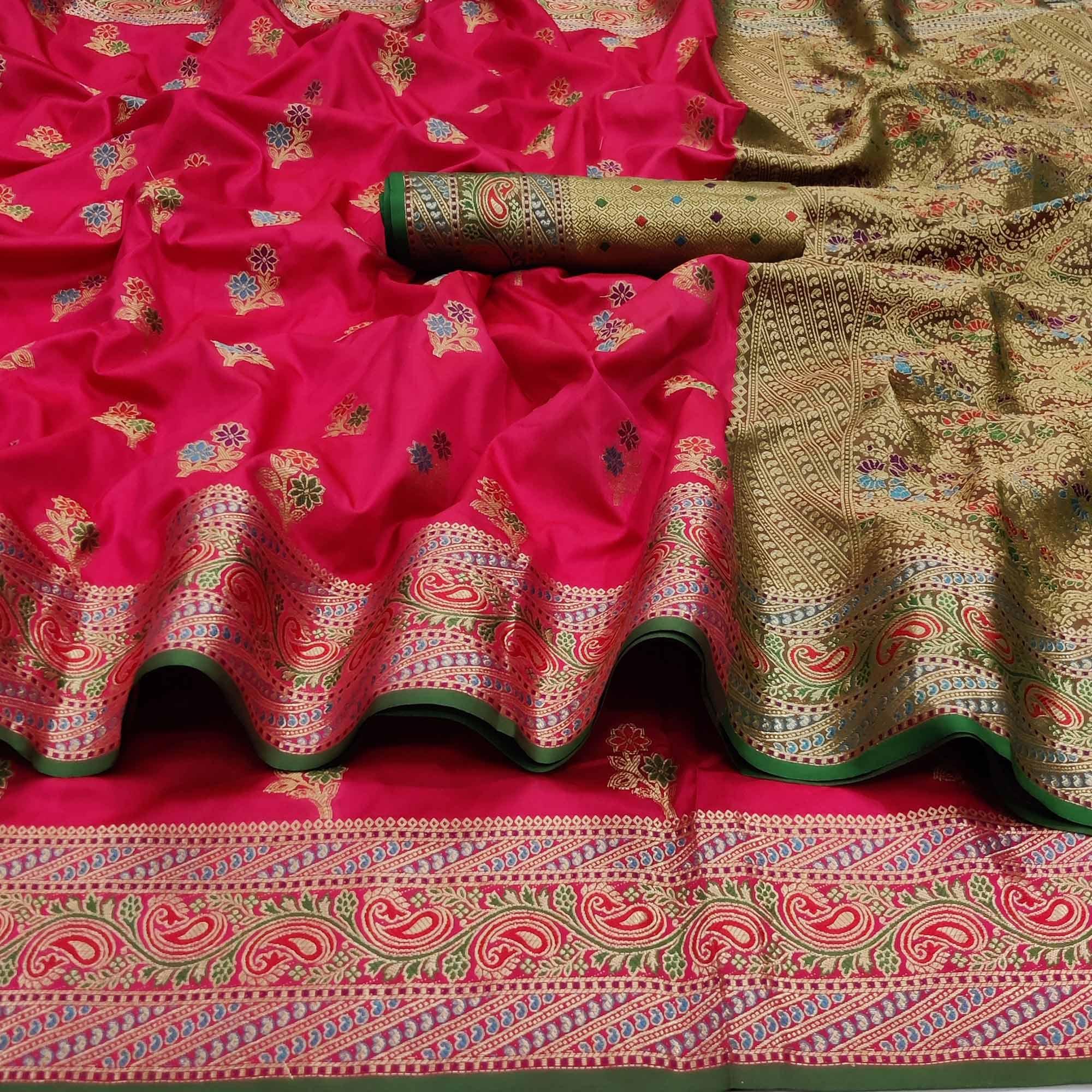 Rani Pink Festive Wear Floral Woven Soft Silk Saree With Jacquard Border - Peachmode