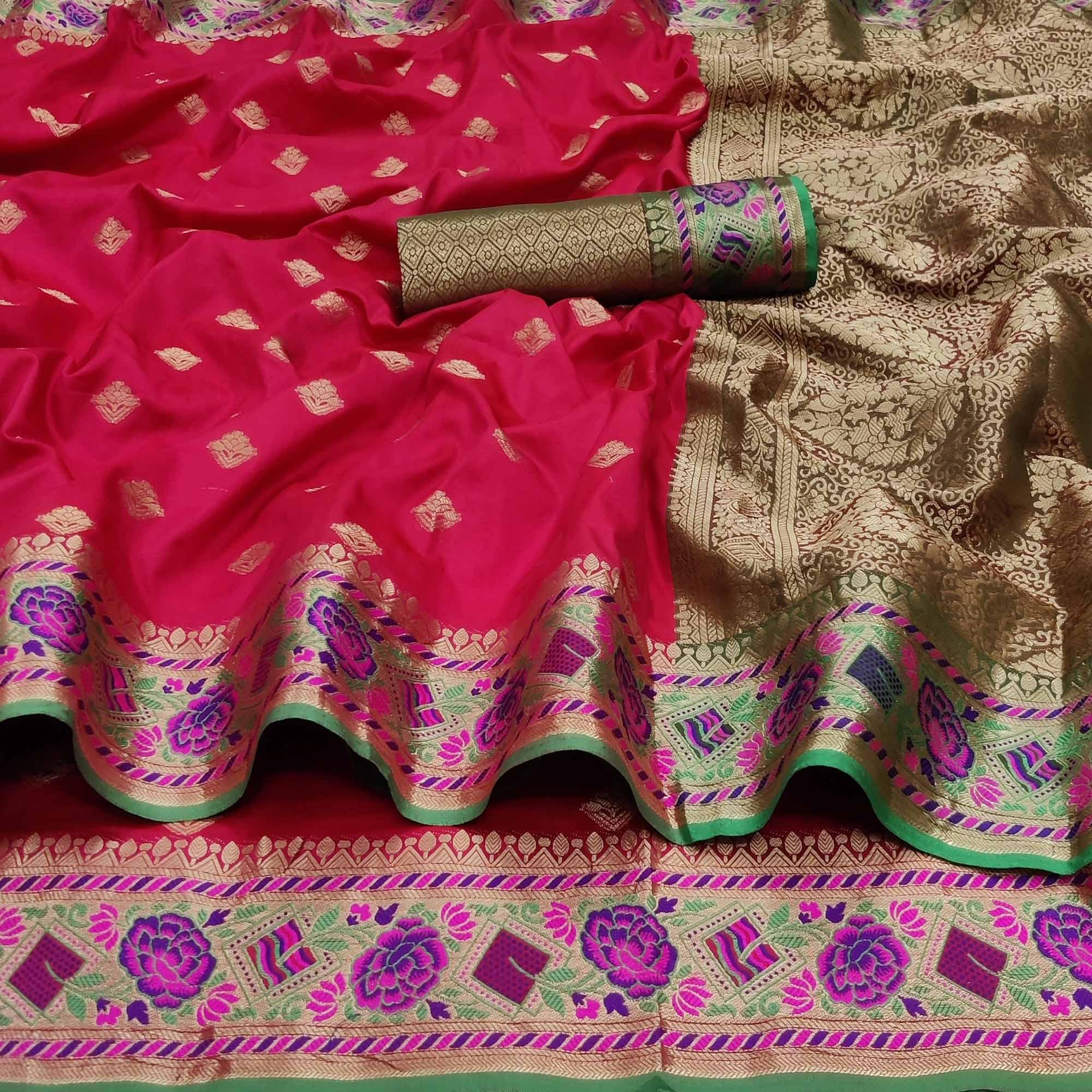 Rani Pink Festive Wear Floral Woven Soft Silk Saree With Jacquard Border - Peachmode