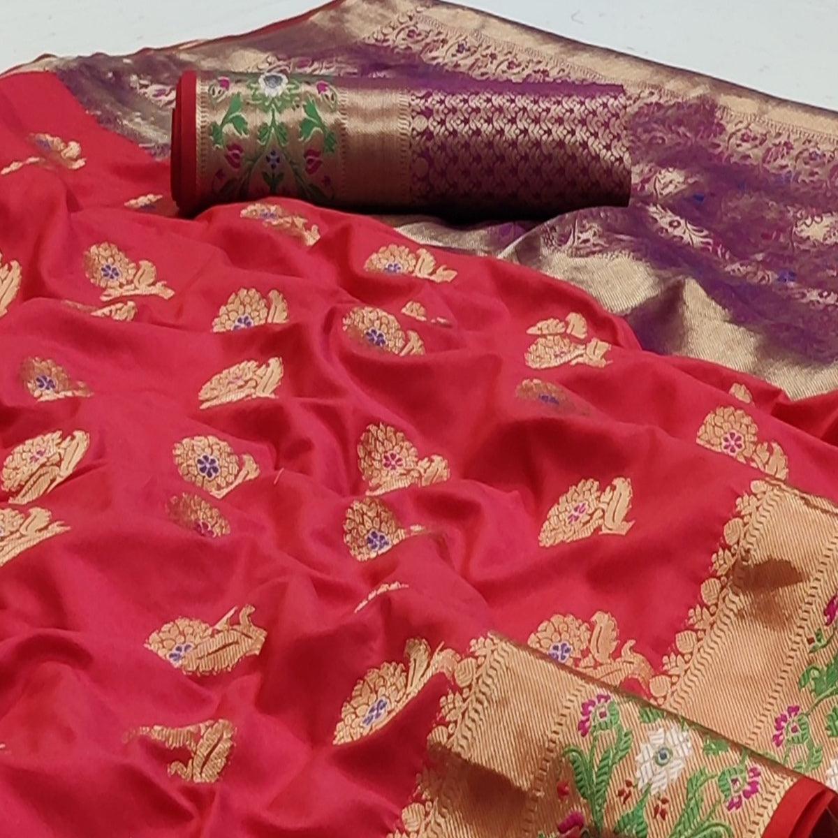 Rani Pink Festive Wear Floral Woven Soft Silk Saree With Jacquard Border - Peachmode