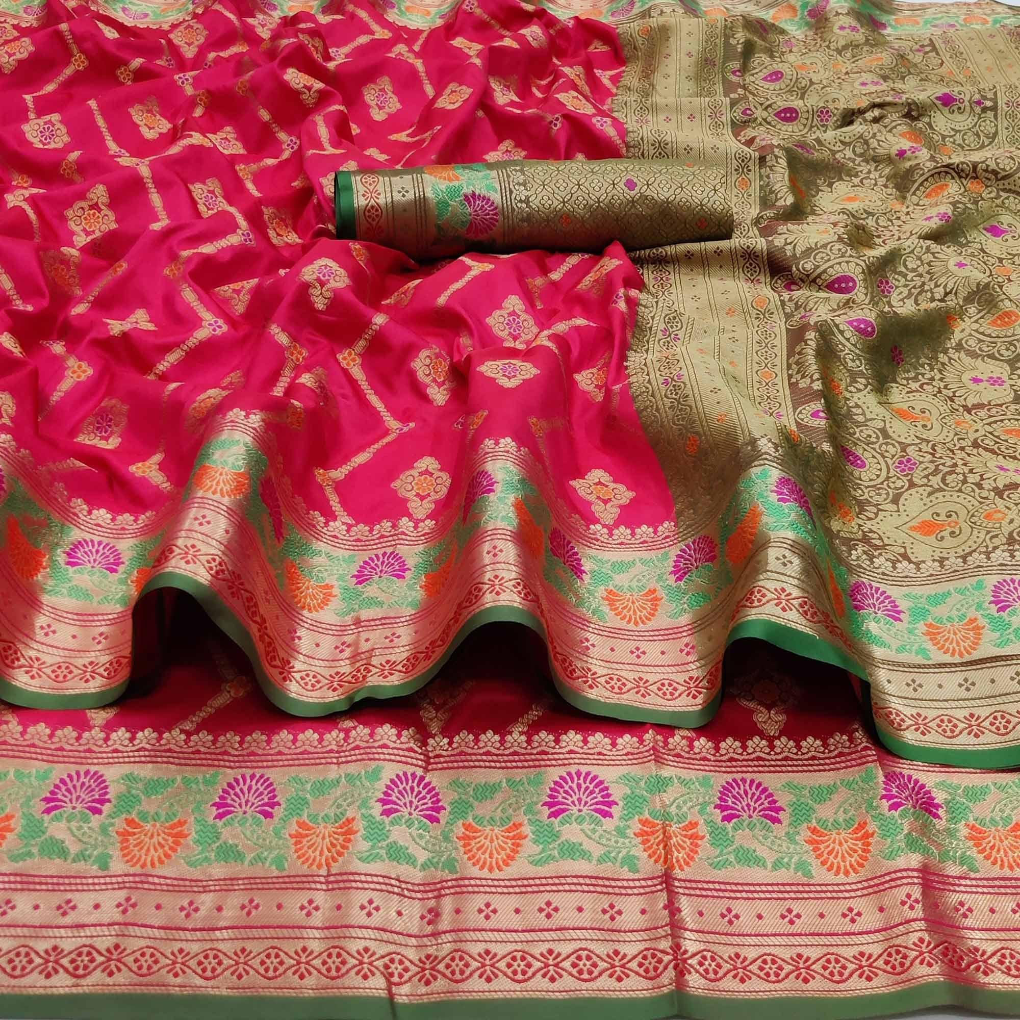 Rani Pink Festive Wear Floral Woven Soft Silk Saree With Jacquard Border - Peachmode