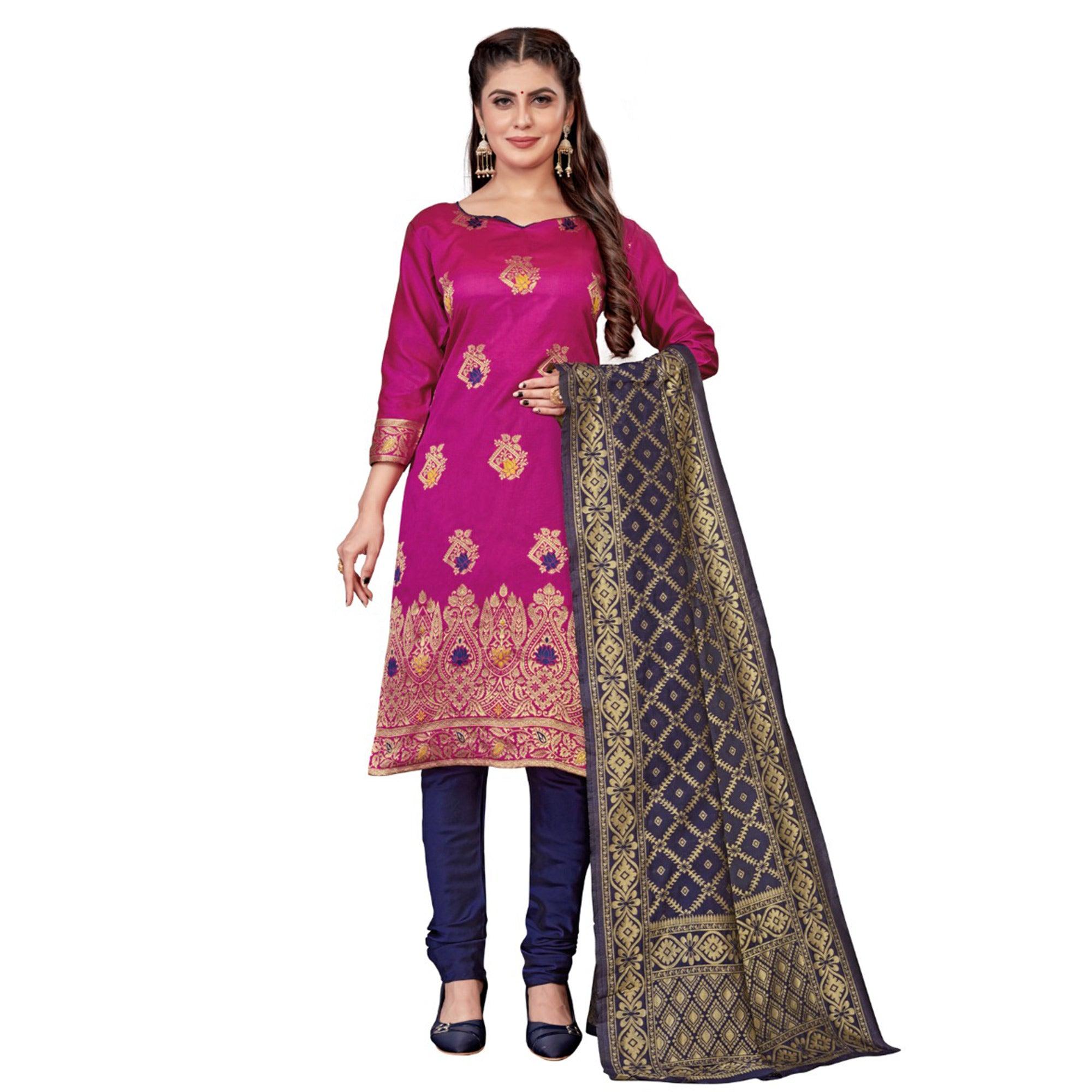Rani Pink Festive Wear Woven Banarasi Silk Dress Material - Peachmode