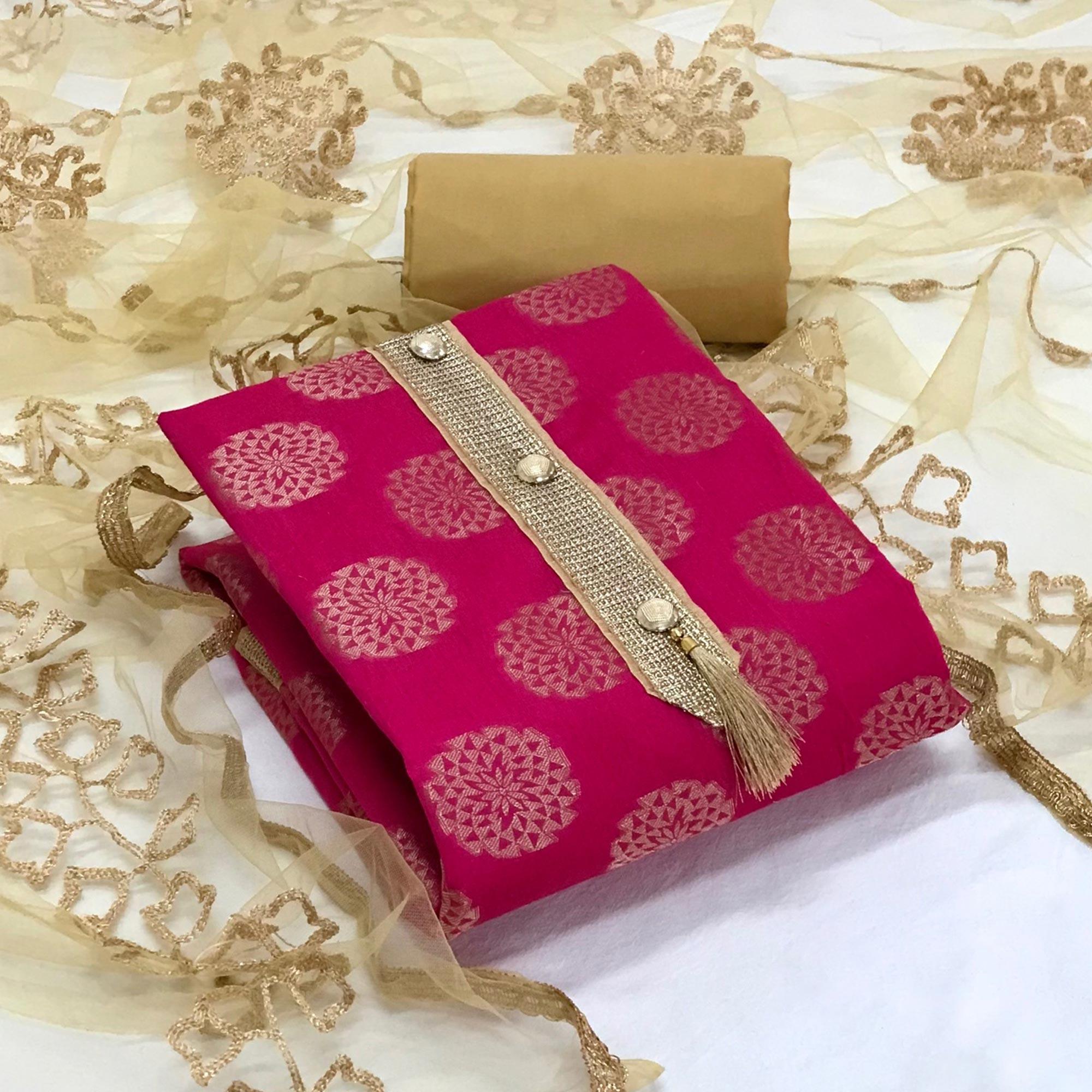 Rani Pink Festive Wear Woven Banarasi Silk Dress Material - Peachmode