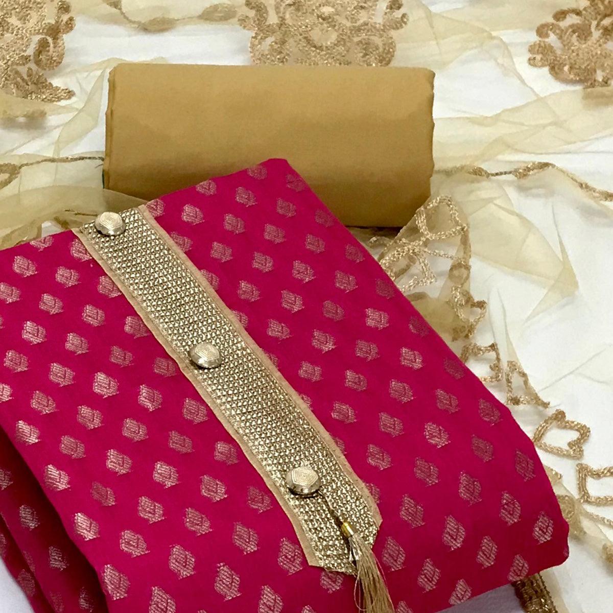 Rani Pink Festive Wear Woven Banarasi Silk Dress Material - Peachmode