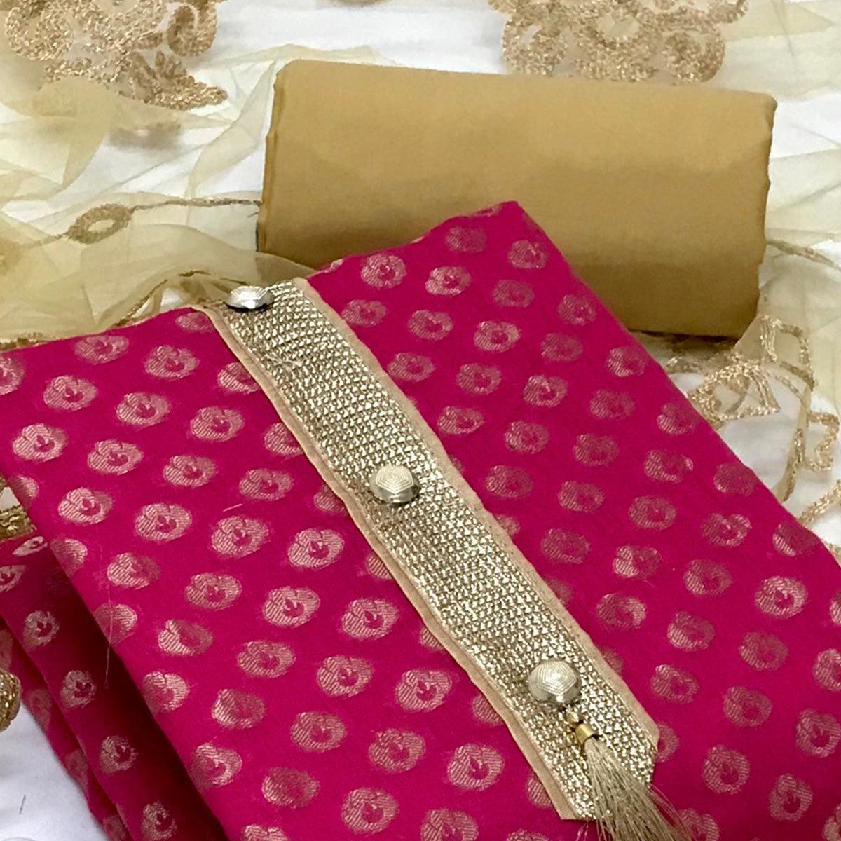 Rani Pink Festive Wear Woven Banarasi Silk Dress Material - Peachmode