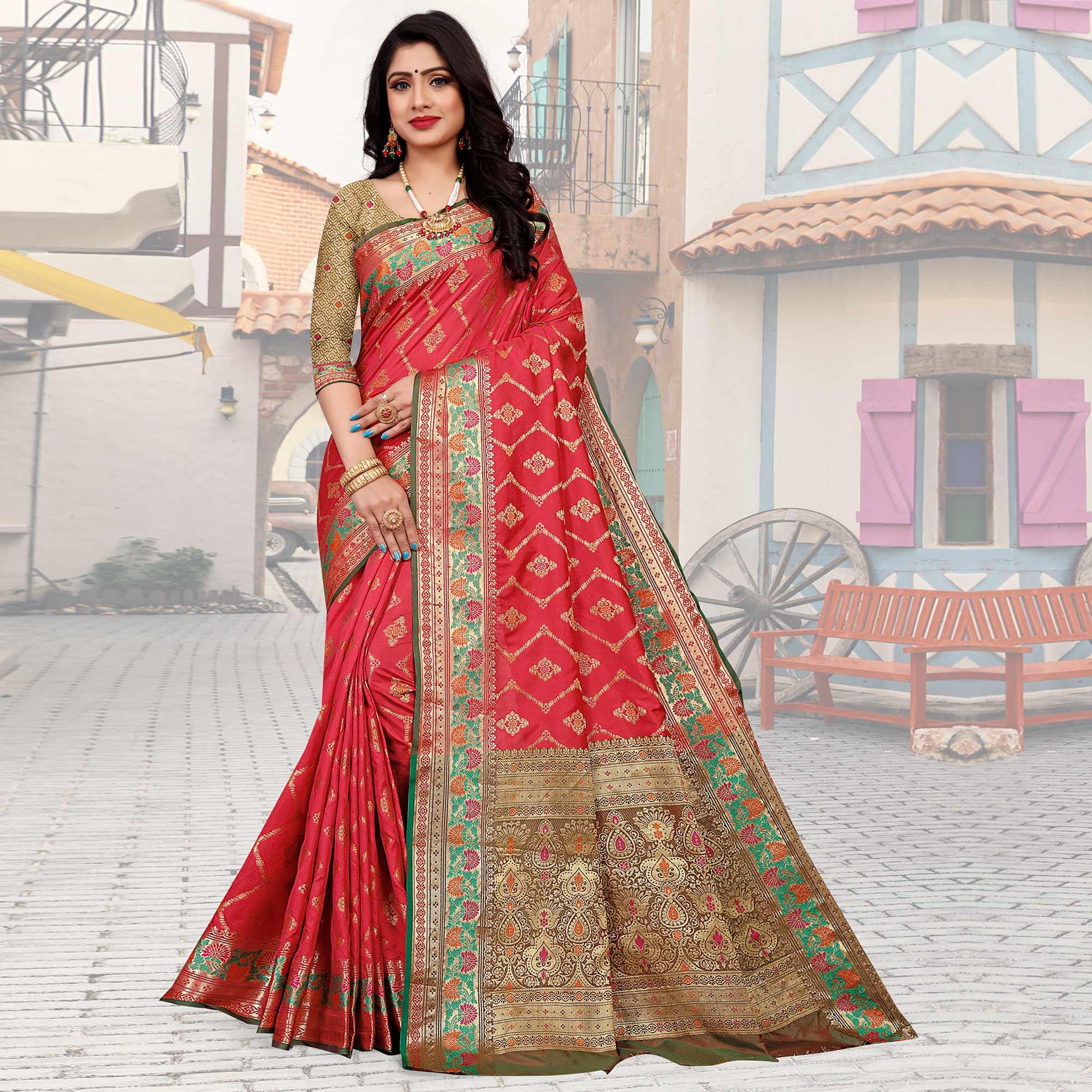 Rani Pink Festive Wear Woven Silk Saree - Peachmode