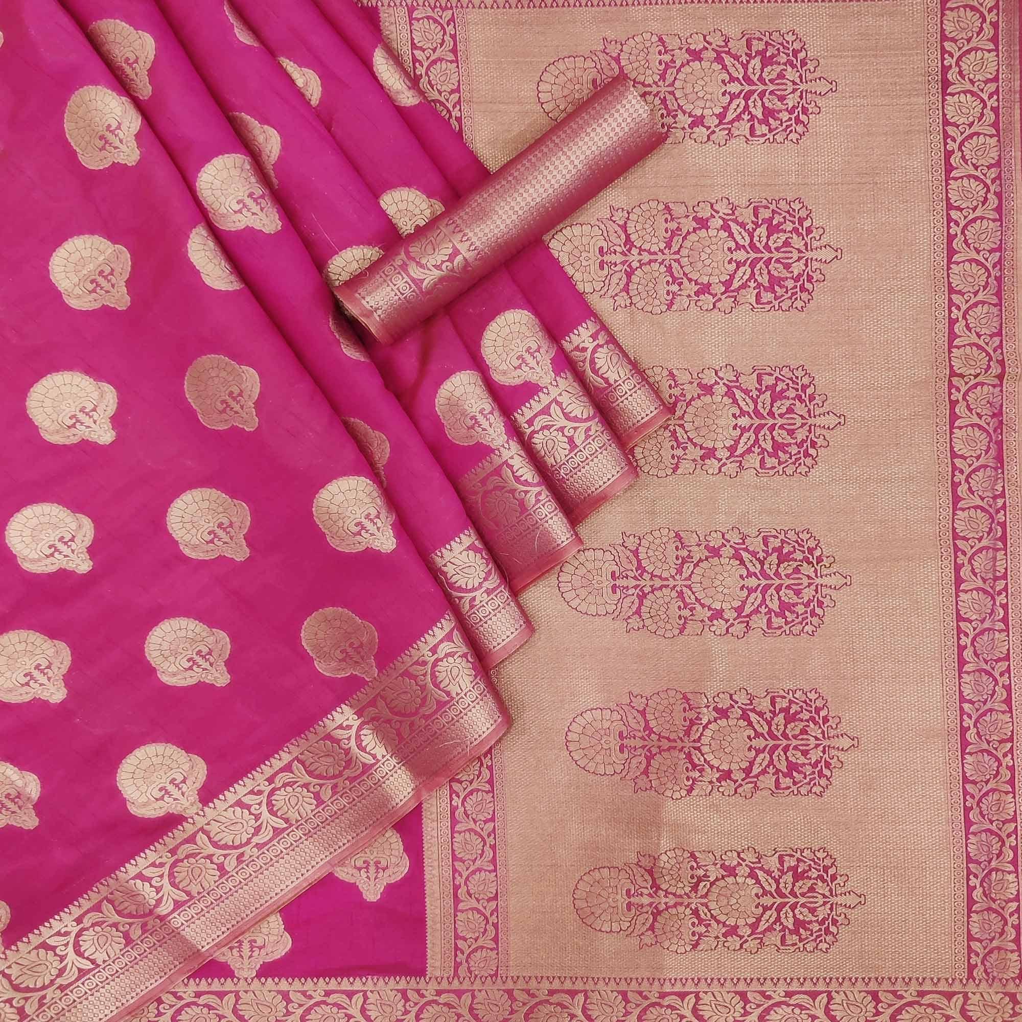 Rani Pink Festive Wear Woven Silk Saree - Peachmode