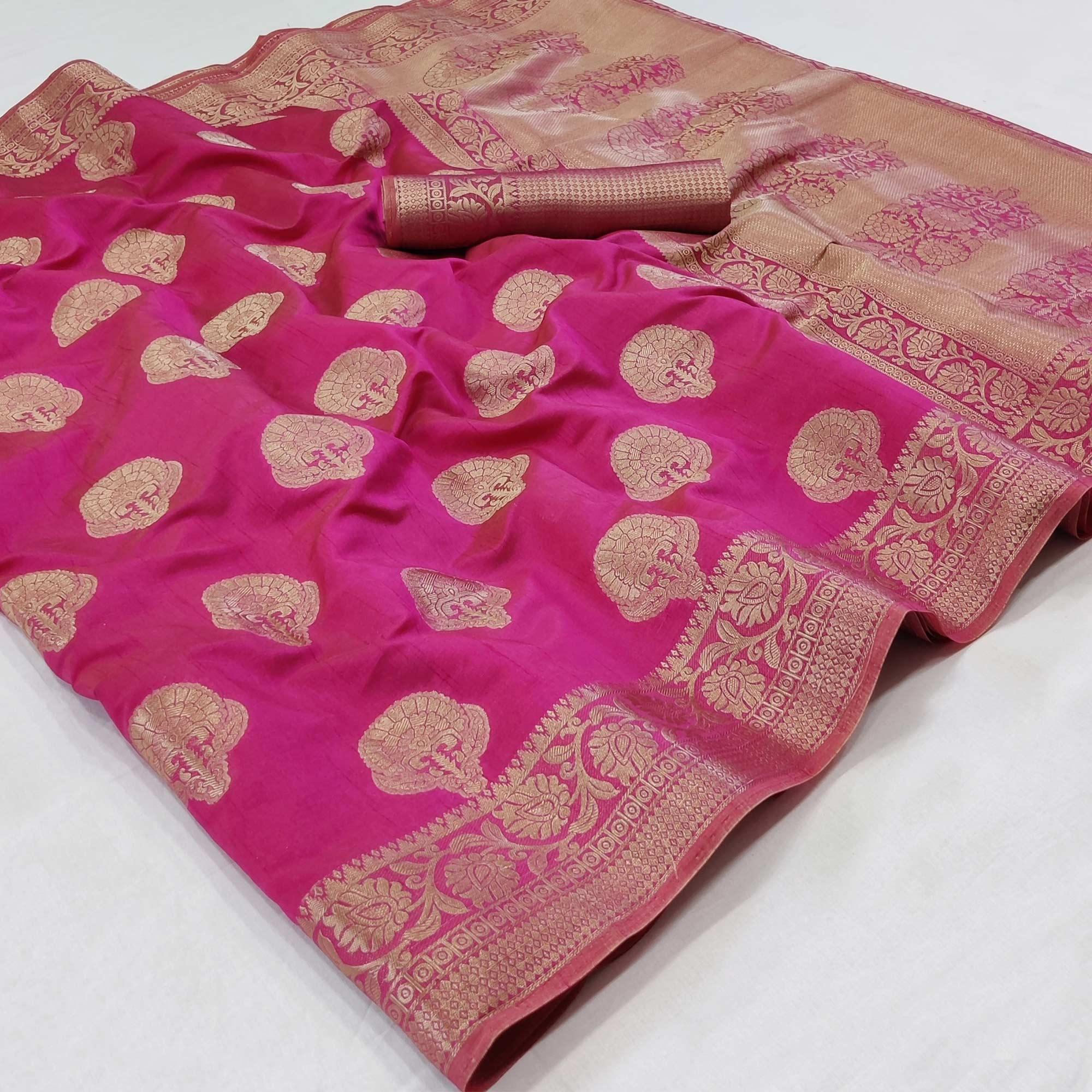 Rani Pink Festive Wear Woven Silk Saree - Peachmode