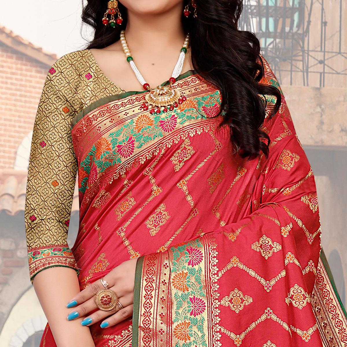 Rani Pink Festive Wear Woven Silk Saree - Peachmode