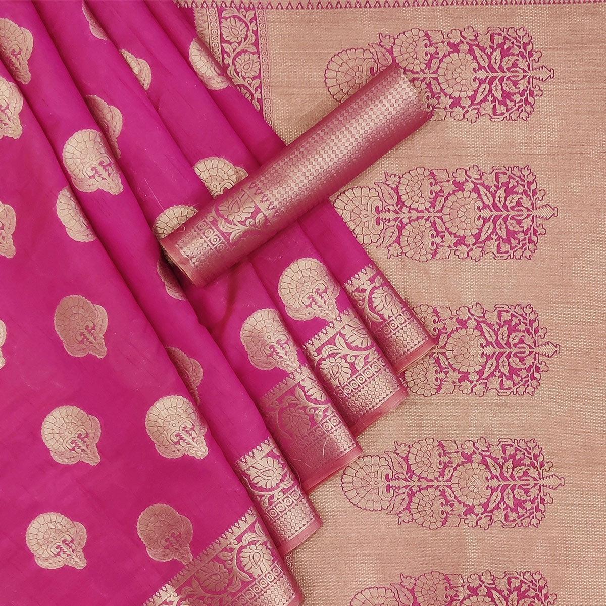 Rani Pink Festive Wear Woven Silk Saree - Peachmode