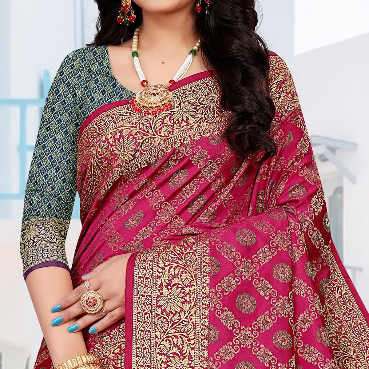 Rani Pink Festive Wear Woven Silk Saree With Patola Rich Pallu - Peachmode
