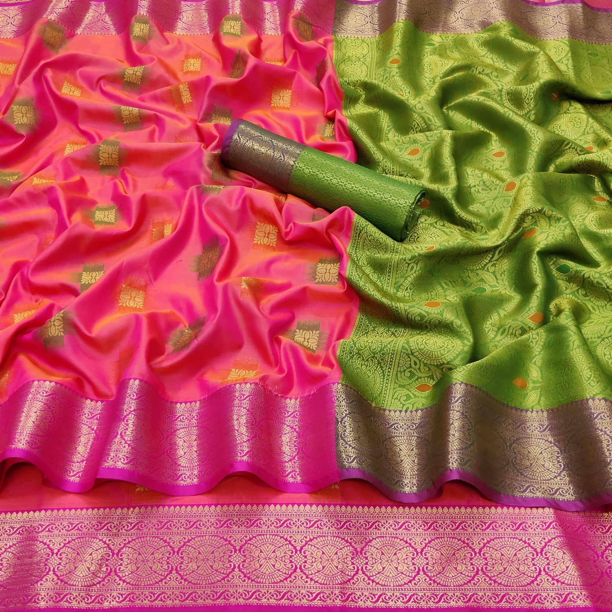 Rani Pink Festive Wear Woven Soft Banarasi Silk Saree - Peachmode
