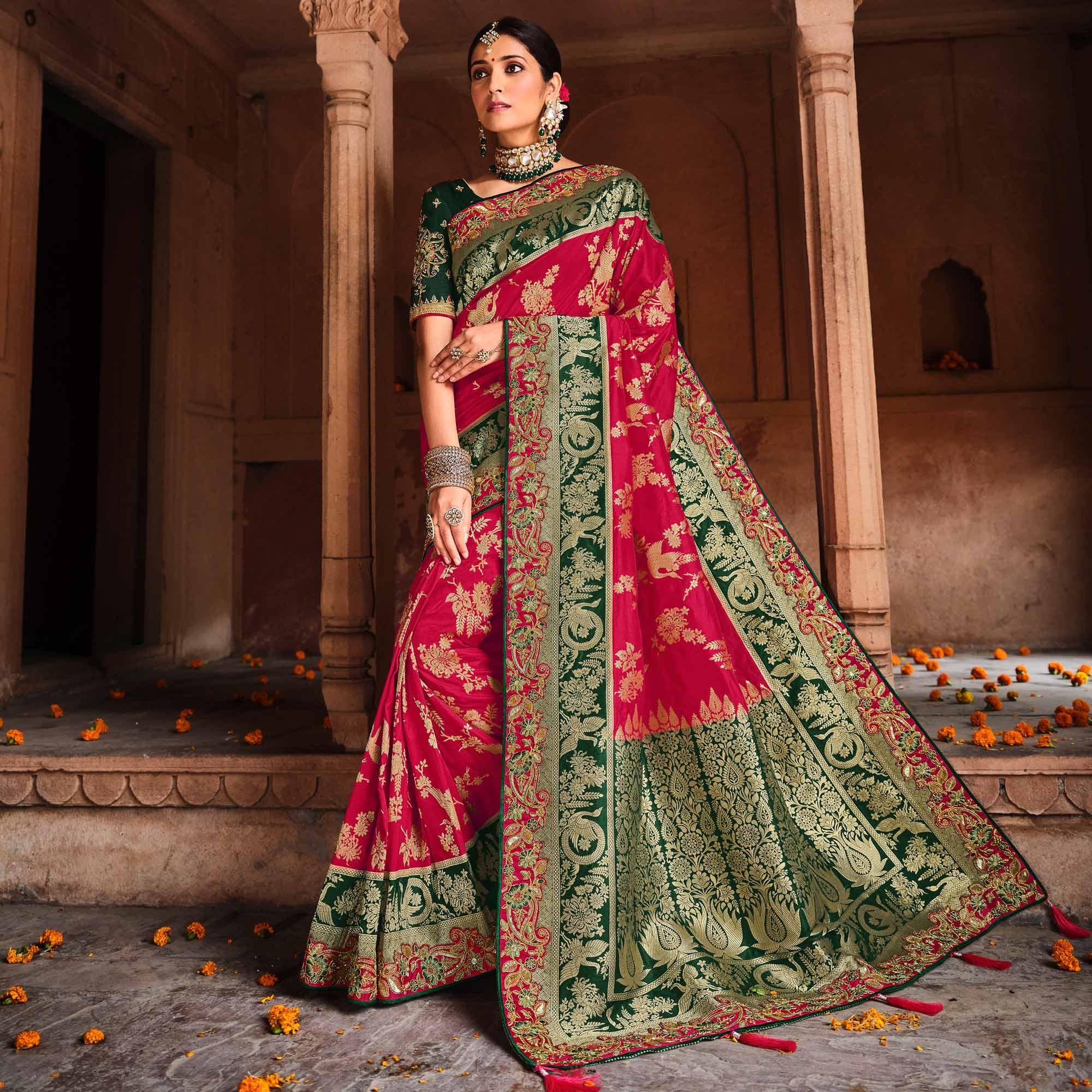 Rani Pink Festive Wear Woven With Zari & Diamond Work Banarasi Silk Saree - Peachmode