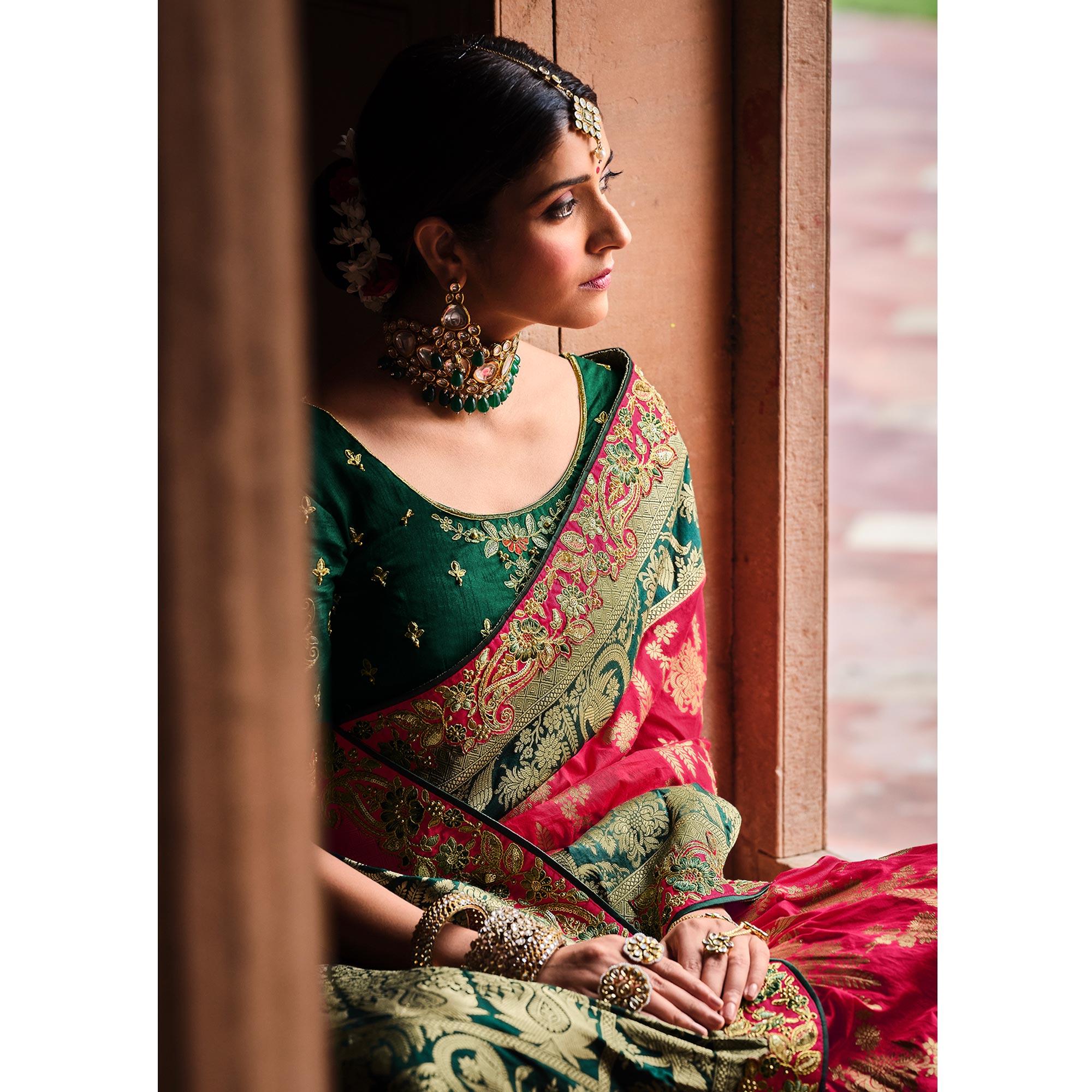 Rani Pink Festive Wear Woven With Zari & Diamond Work Banarasi Silk Saree - Peachmode