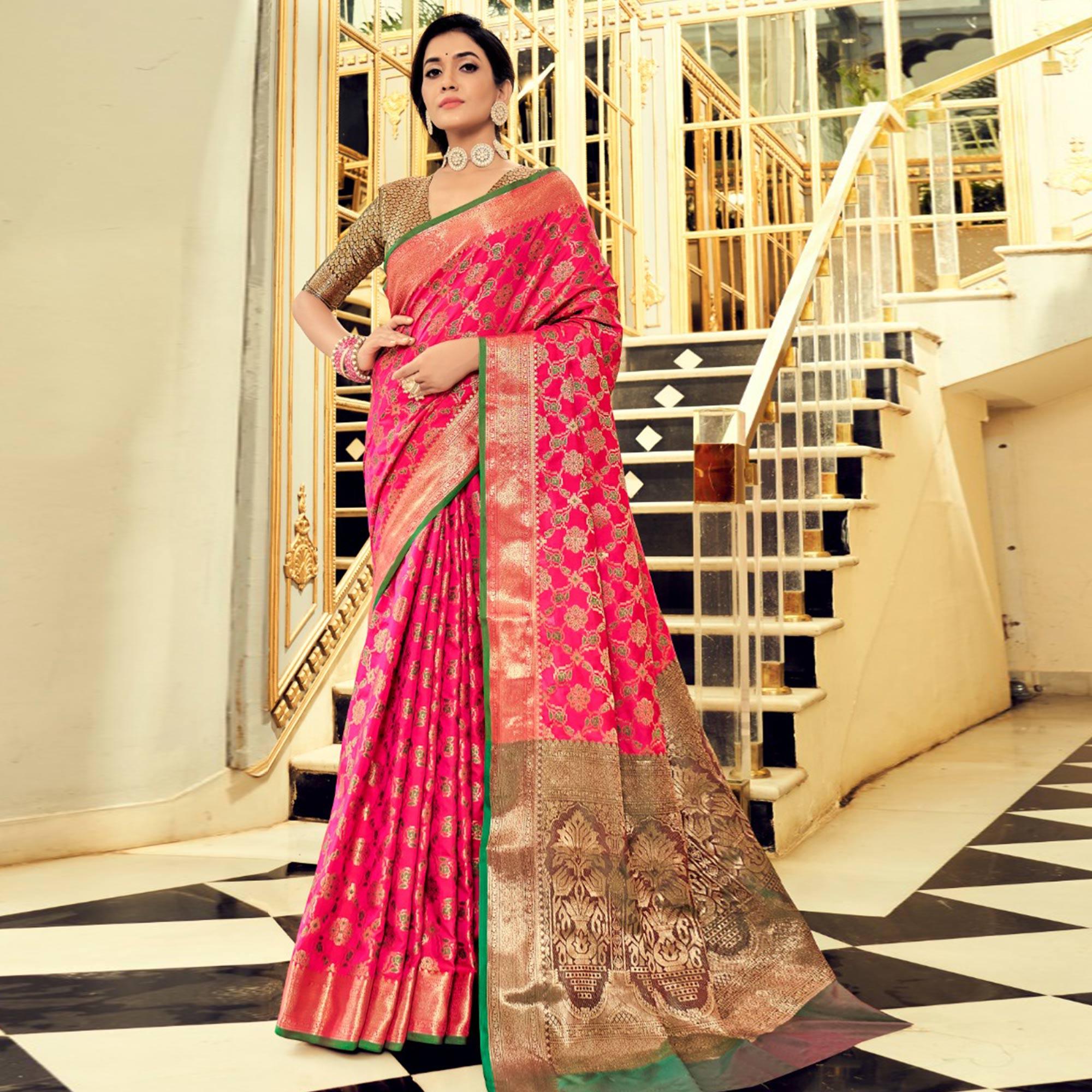 Rani Pink Festive Wear Woven Zari Potola Silk Saree - Peachmode