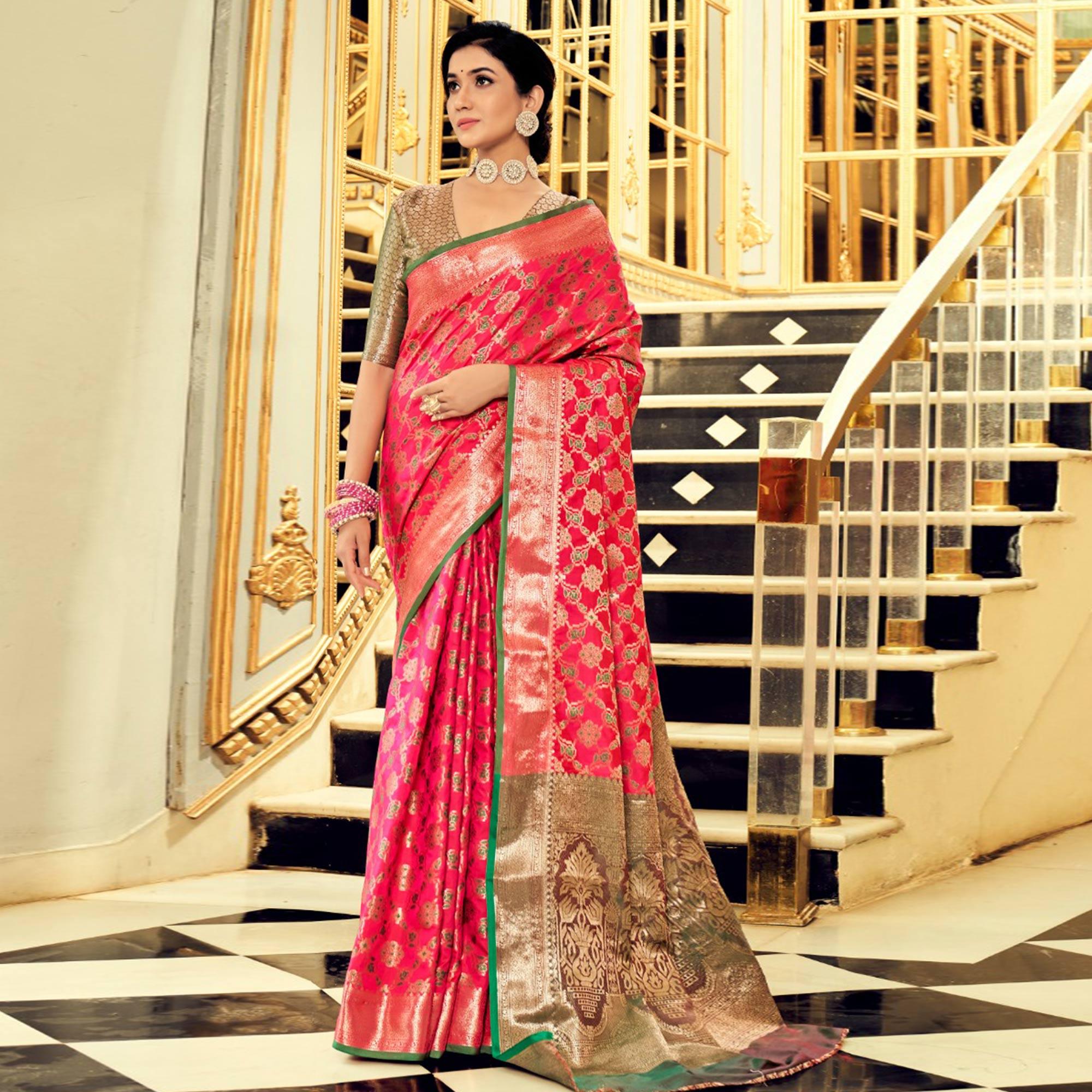 Rani Pink Festive Wear Woven Zari Potola Silk Saree - Peachmode