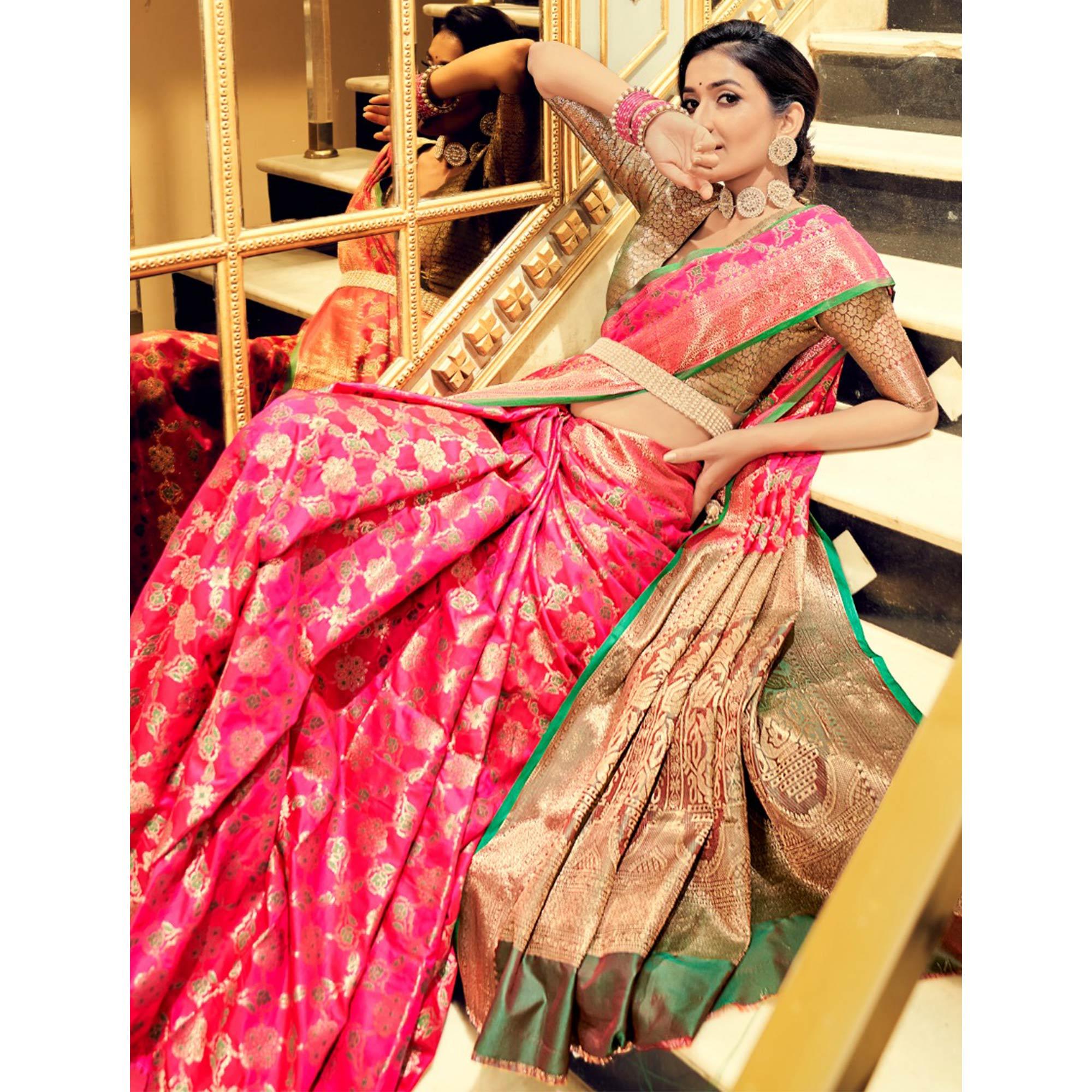 Rani Pink Festive Wear Woven Zari Potola Silk Saree - Peachmode