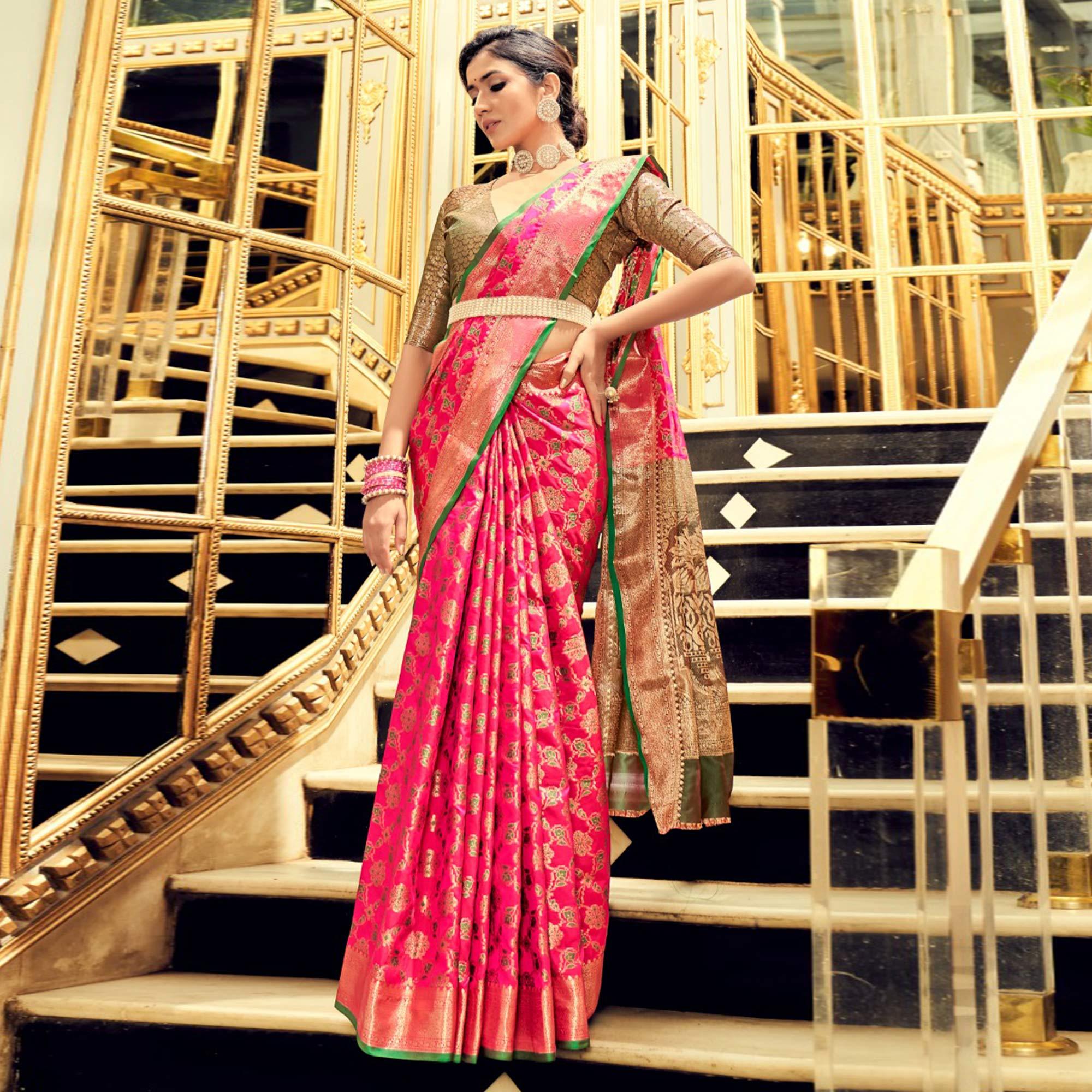 Rani Pink Festive Wear Woven Zari Potola Silk Saree - Peachmode