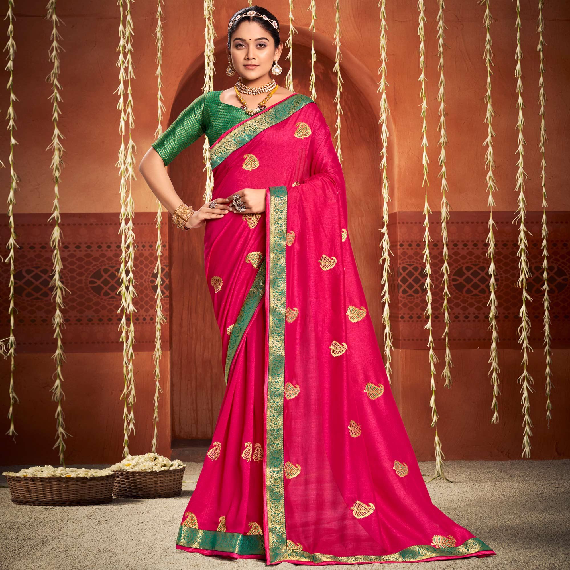 Rani Pink Floral Embroidered Vichitra Silk Saree - Peachmode
