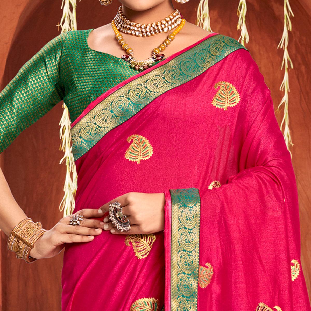 Rani Pink Floral Embroidered Vichitra Silk Saree - Peachmode