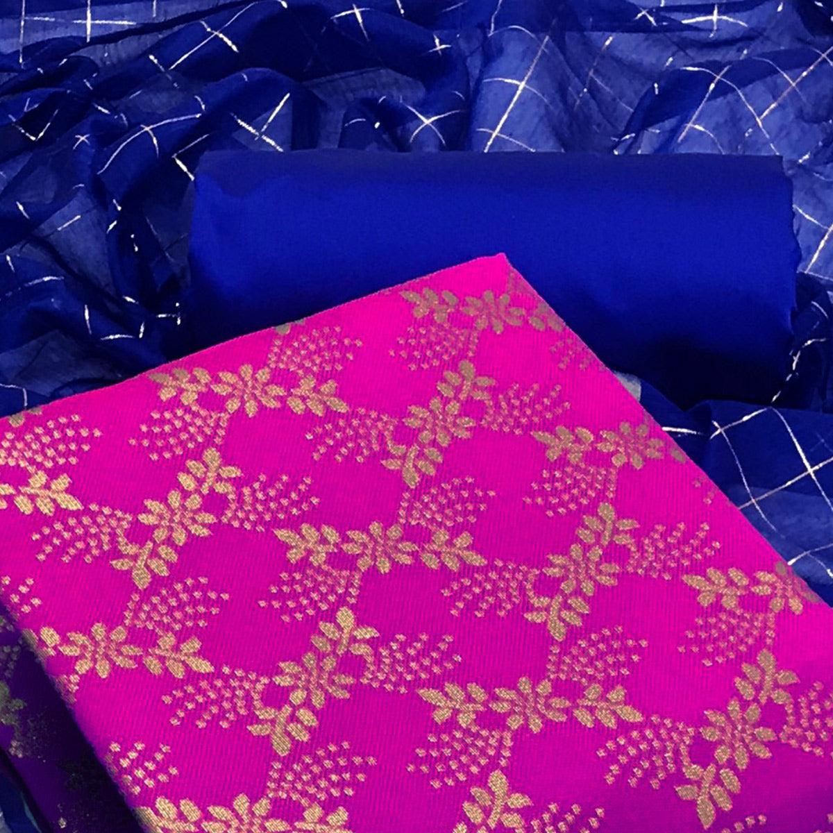 Rani Pink Floral Woven Banarasi Silk Dress Material - Peachmode