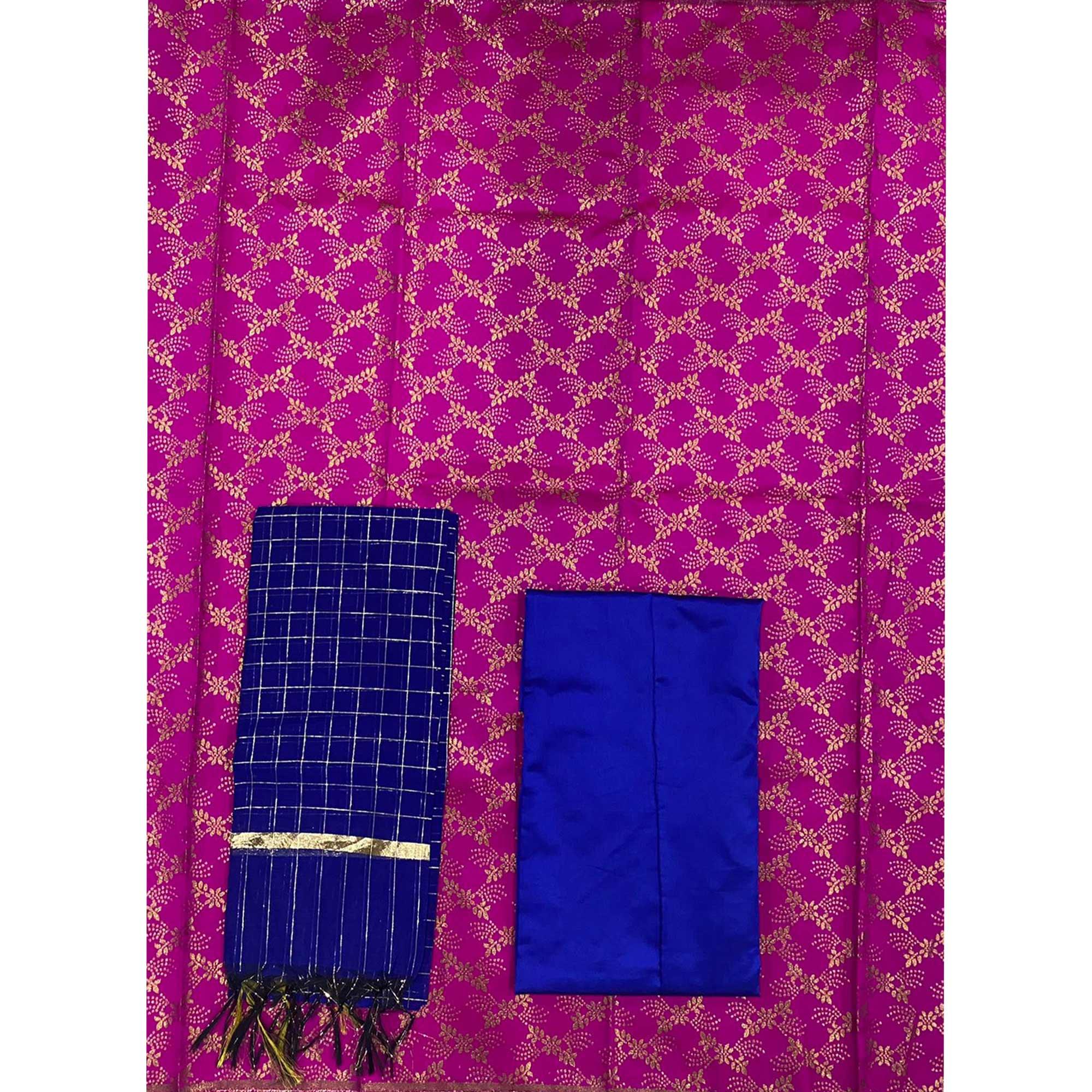 Rani Pink Floral Woven Banarasi Silk Dress Material - Peachmode