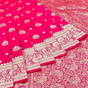 Rani Pink Floral Zari Woven Art Silk Saree - Peachmode