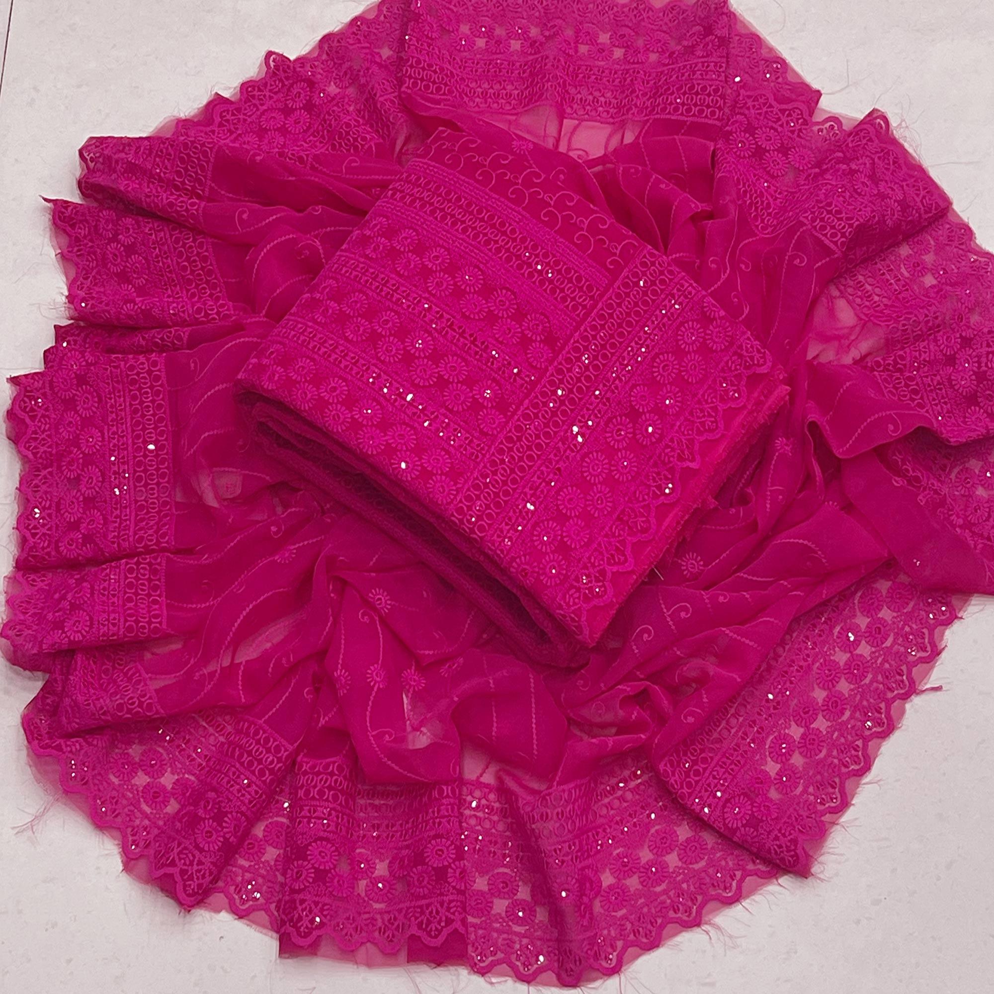 Rani Pink Lucknowi Embroidered Georgette Dress Material - Peachmode