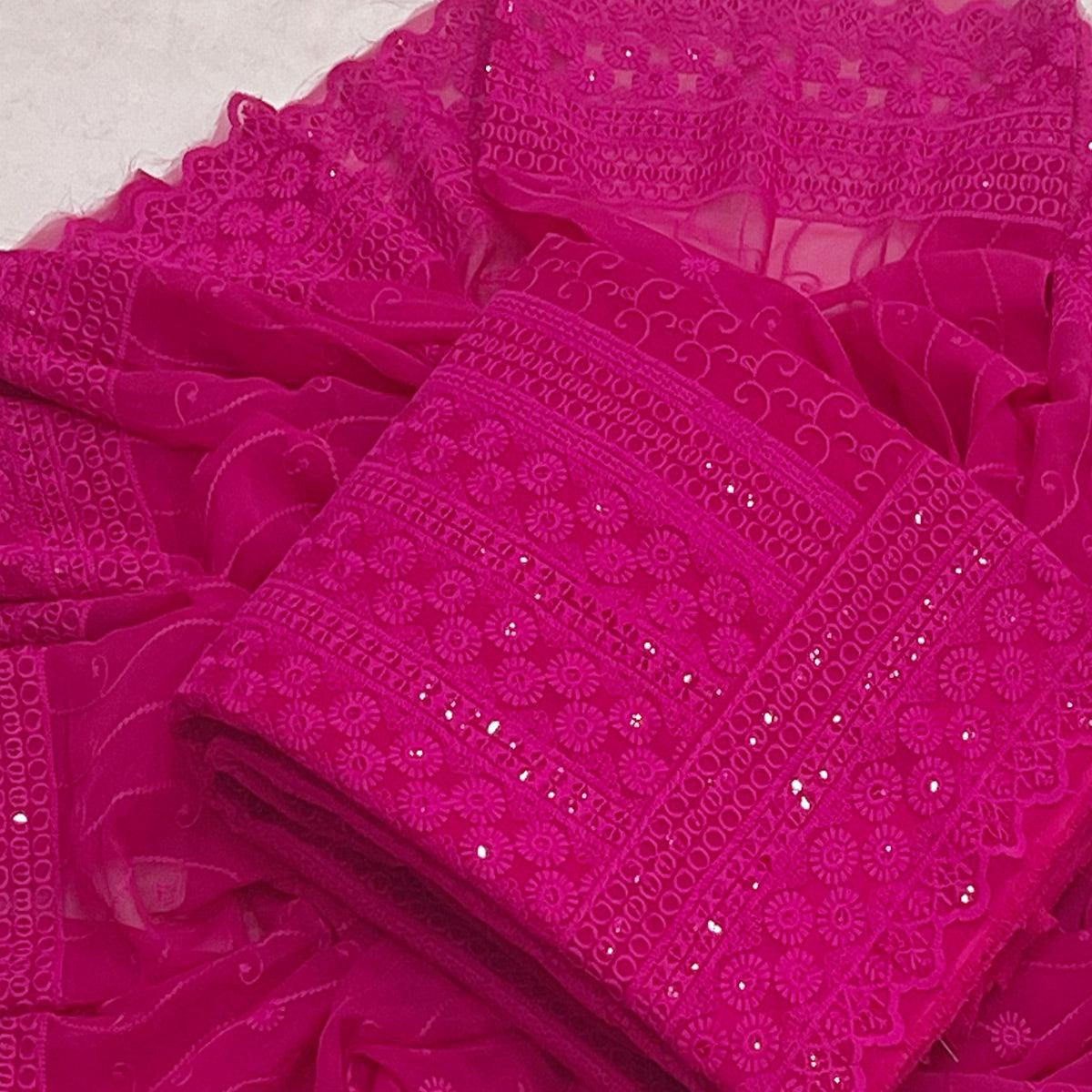 Rani Pink Lucknowi Embroidered Georgette Dress Material - Peachmode