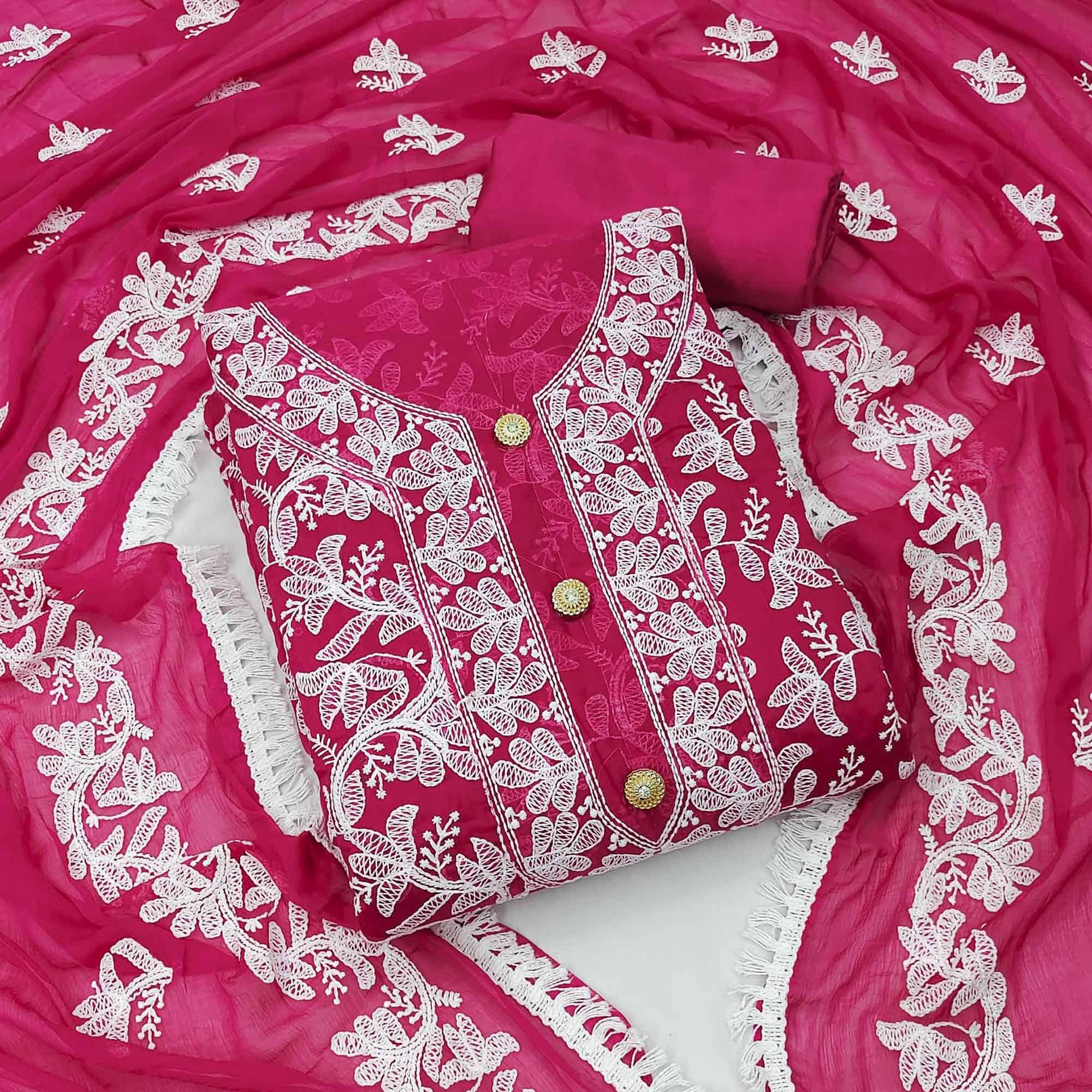 Rani Pink Lucknowi Embroidered Modal Dress Material - Peachmode