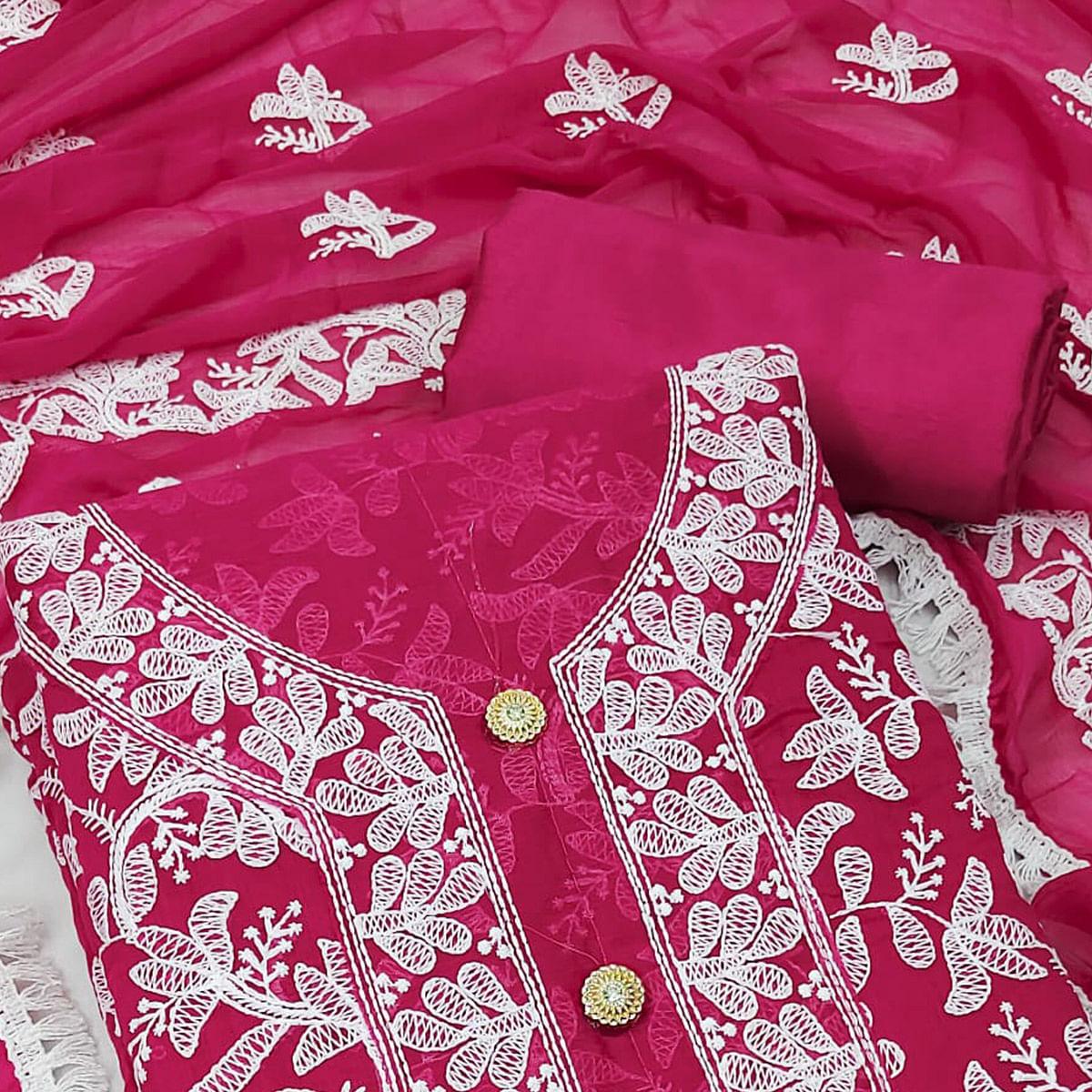Rani Pink Lucknowi Embroidered Modal Dress Material - Peachmode