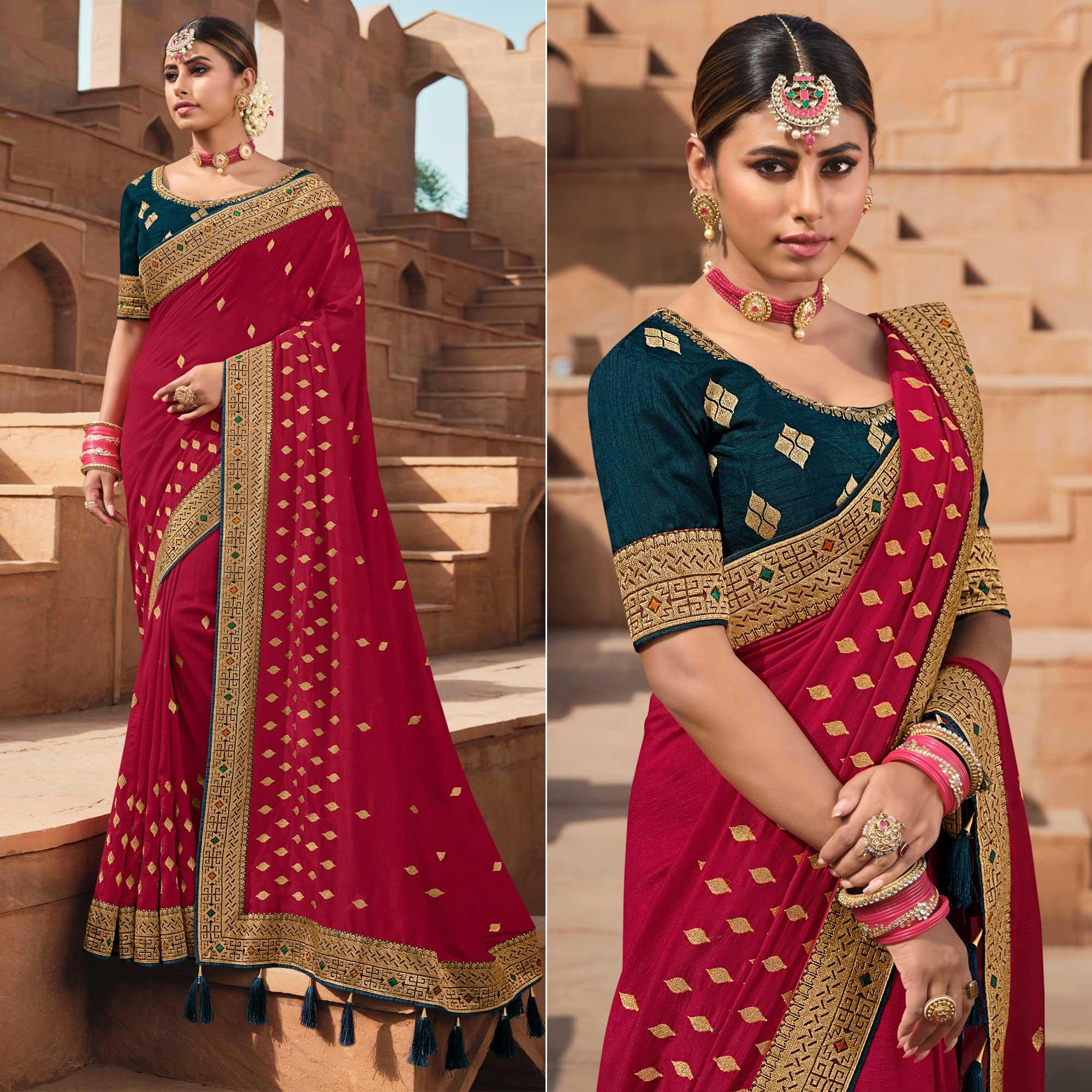 Rani Pink Party Wear Embroidered Art Silk Saree - Peachmode