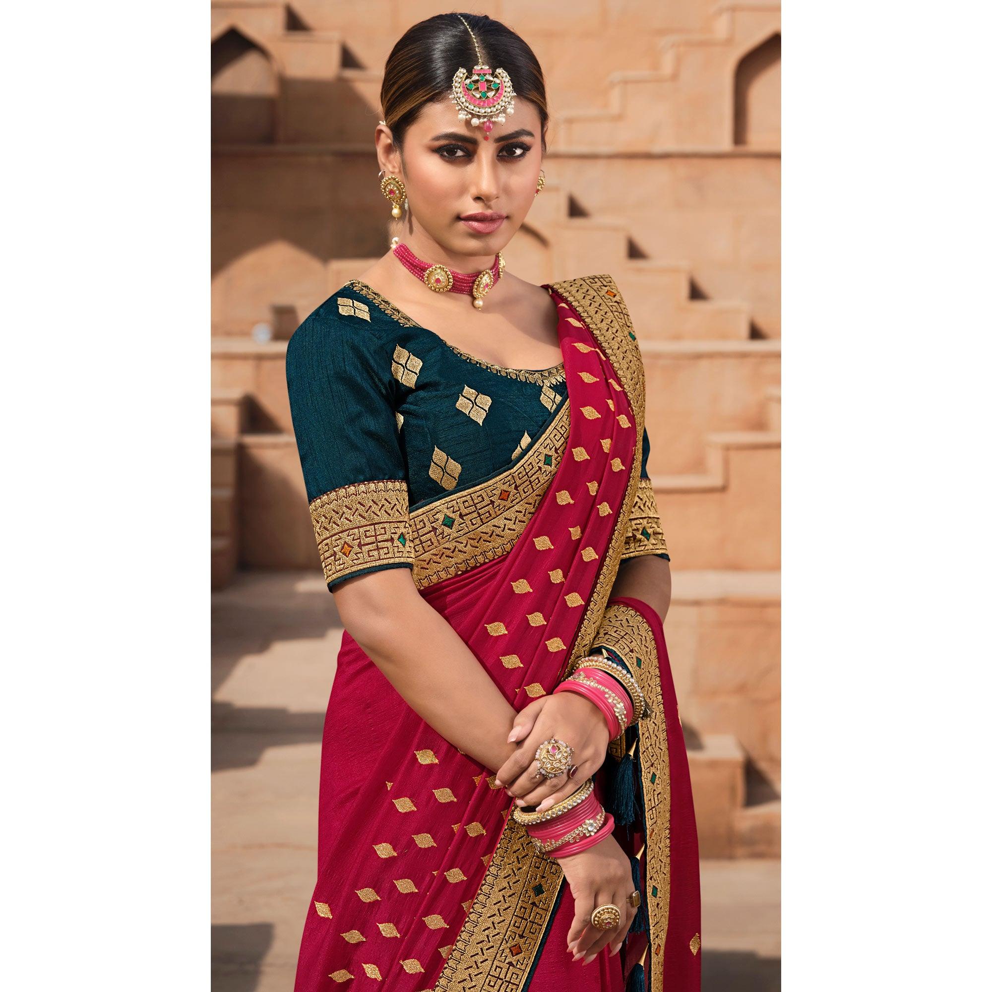 Rani Pink Party Wear Embroidered Art Silk Saree - Peachmode