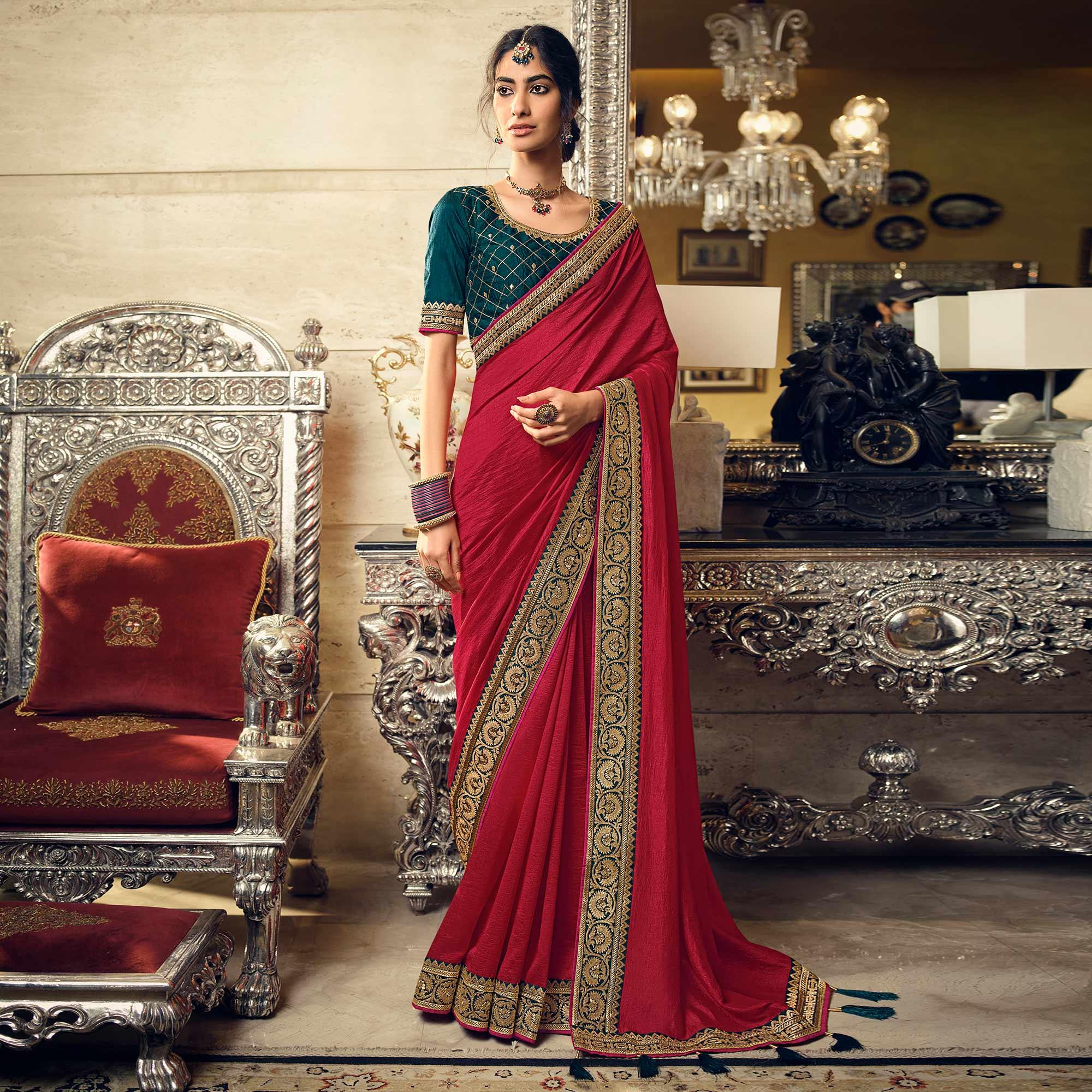 Rani Pink Partywear Embroidered Silk Saree - Peachmode
