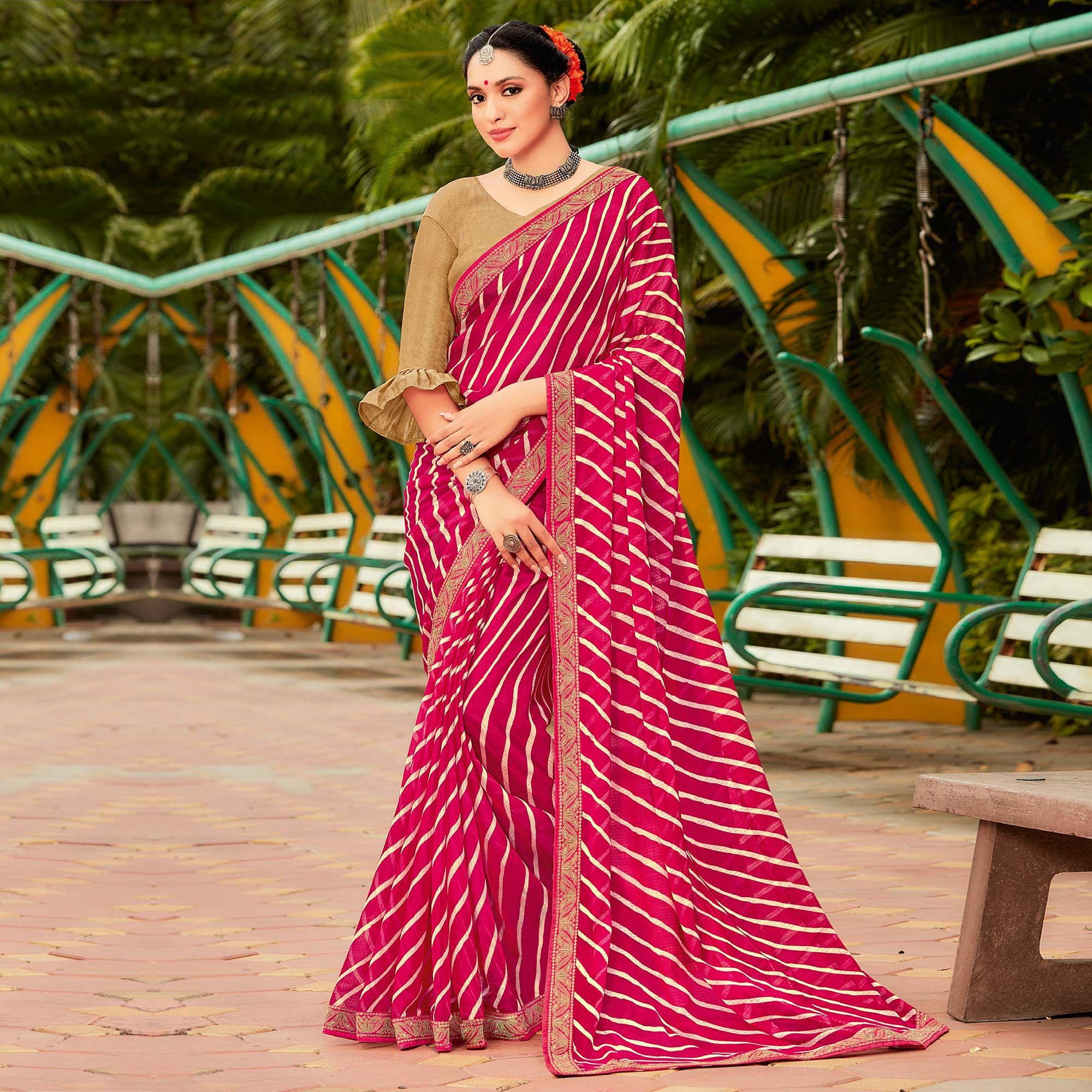 Rani Pink Partywear Stripes Printed Chiffon Saree With Border - Peachmode