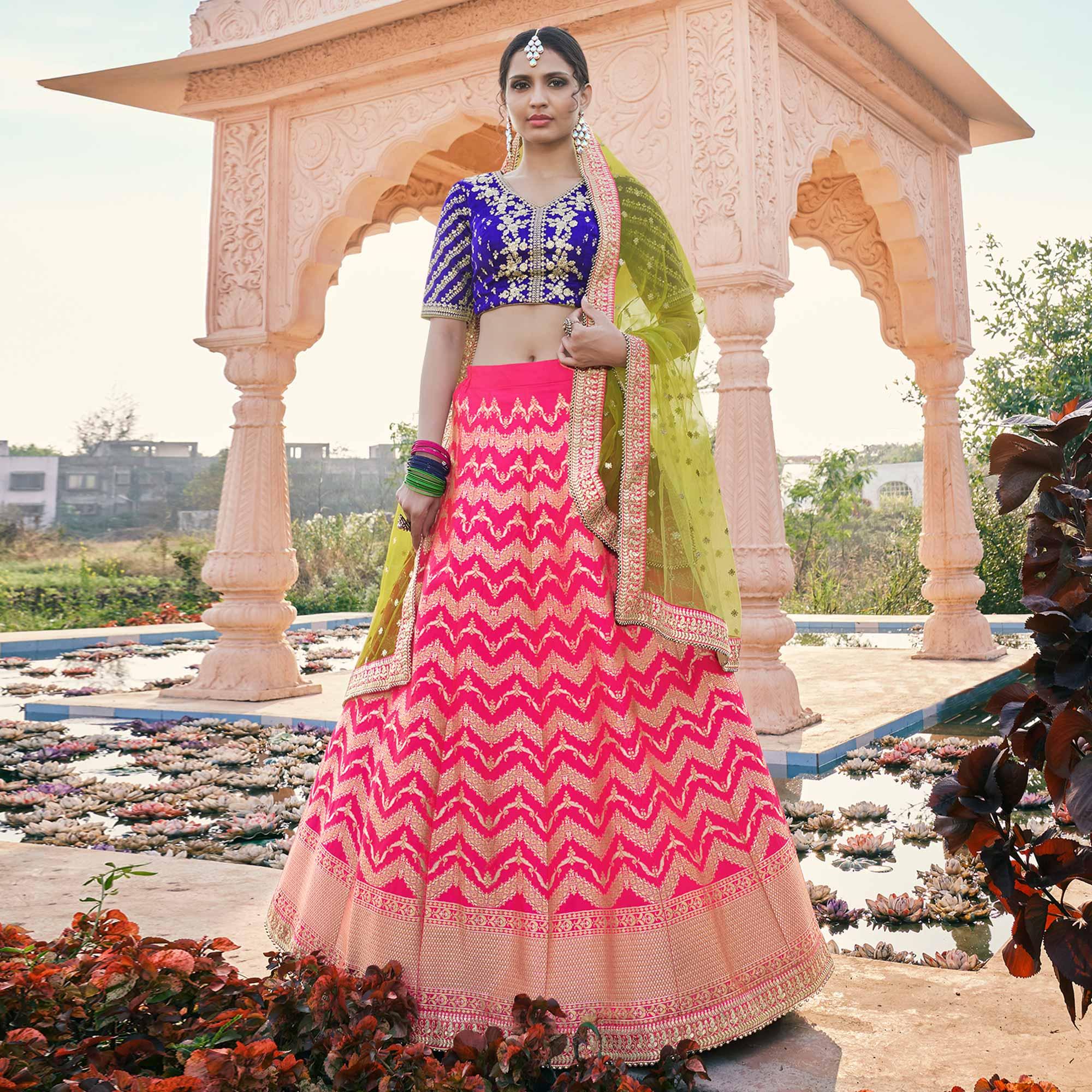 Rani Pink Partywear Woven With Embroidered Lace Brocade Silk Lehenga Choli - Peachmode