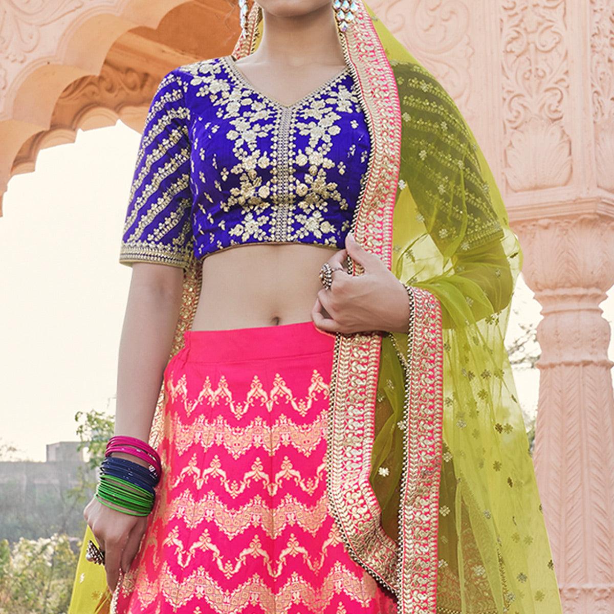 Rani Pink Partywear Woven With Embroidered Lace Brocade Silk Lehenga Choli - Peachmode