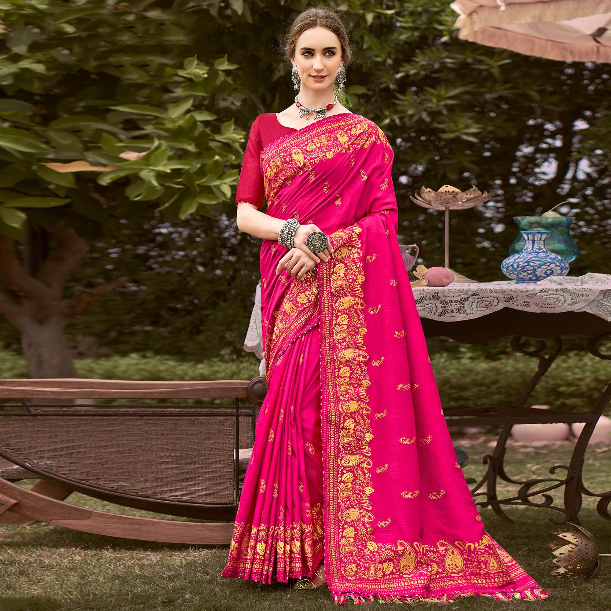 Rani Pink Printed Vichitra Silk Saree With Tassels - Peachmode