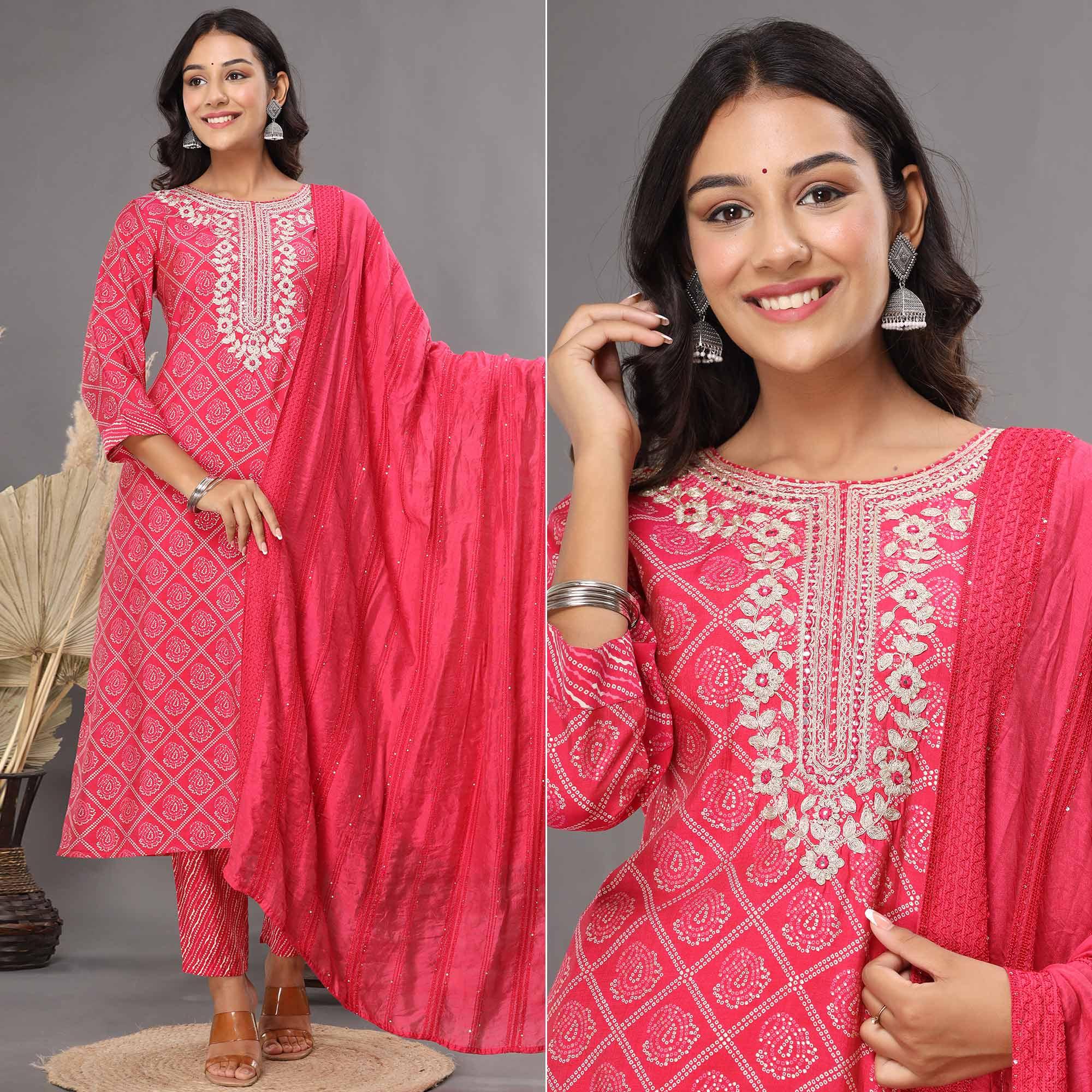 Rani Pink Printed With Embroidered Chanderi Kurti Pant Set With Dupatta - Peachmode