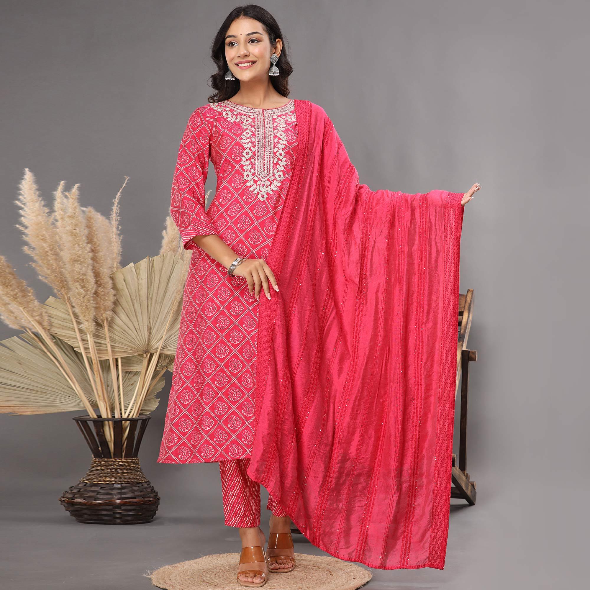 Rani Pink Printed With Embroidered Chanderi Kurti Pant Set With Dupatta - Peachmode