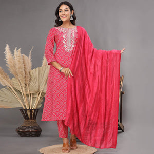 Rani Pink Printed With Embroidered Chanderi Kurti Pant Set With Dupatta - Peachmode