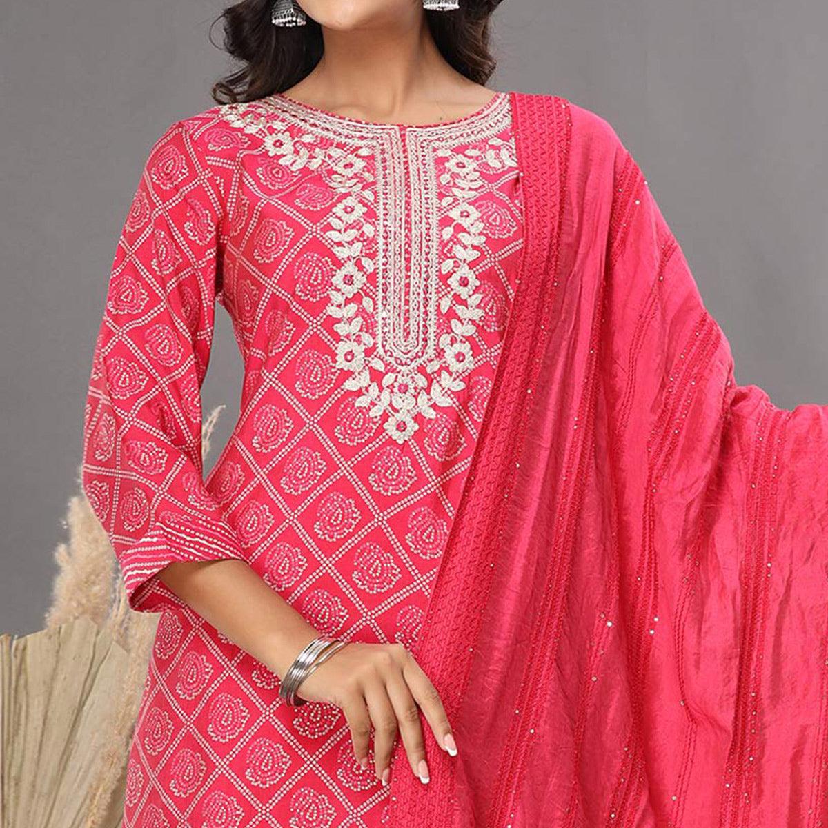 Rani Pink Printed With Embroidered Chanderi Kurti Pant Set With Dupatta - Peachmode