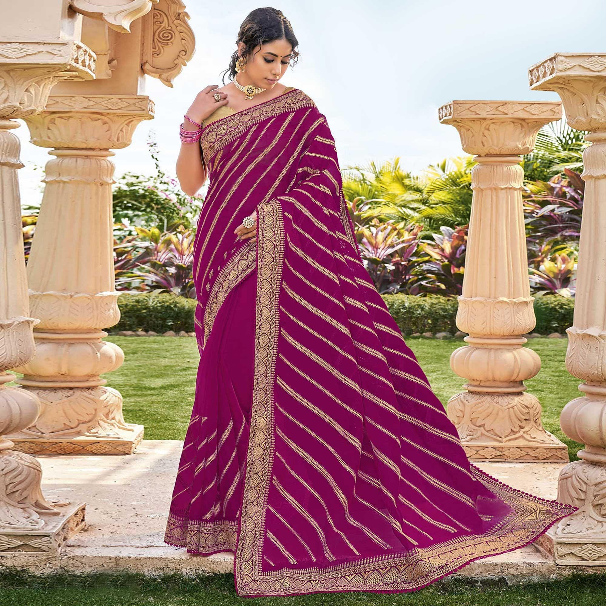 Rani Pink Sequence Embroidered Georgette Saree - Peachmode