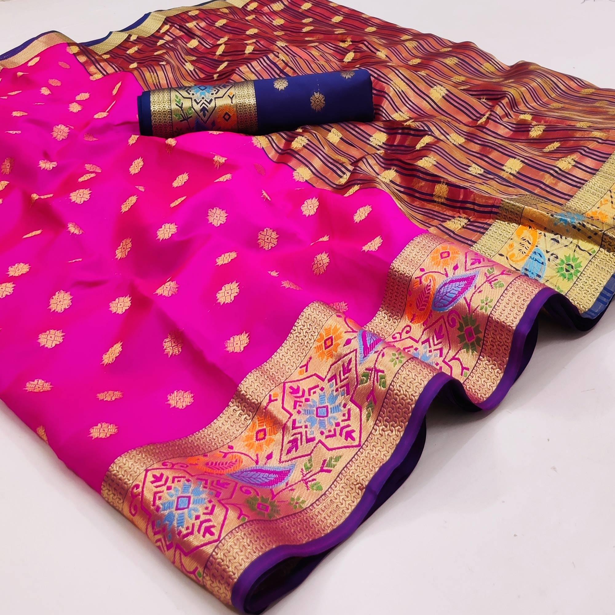 Rani Pink Woven Art Silk Saree - Peachmode