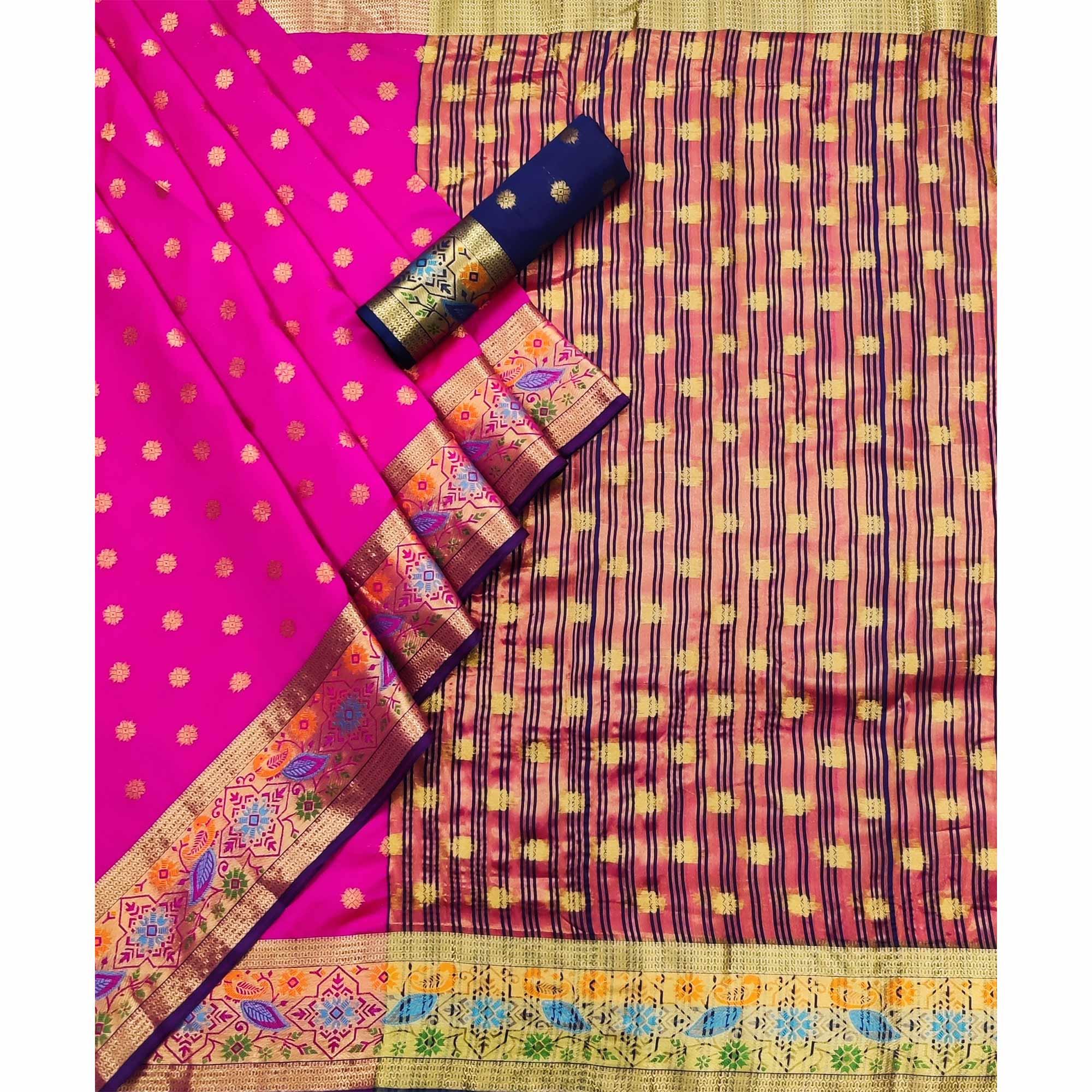 Rani Pink Woven Art Silk Saree - Peachmode