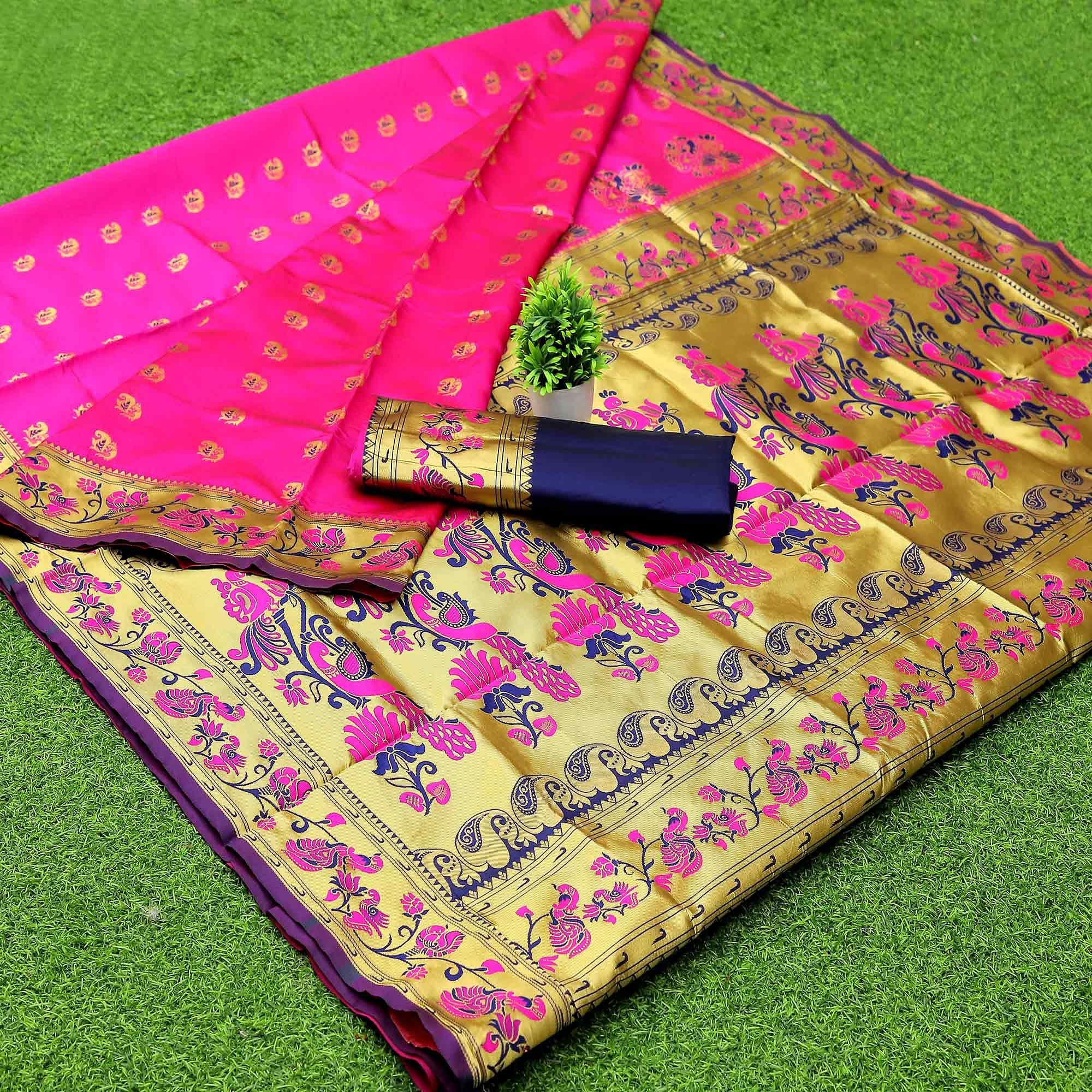 Rani Pink Woven Banarasi Silk Paithani Saree - Peachmode