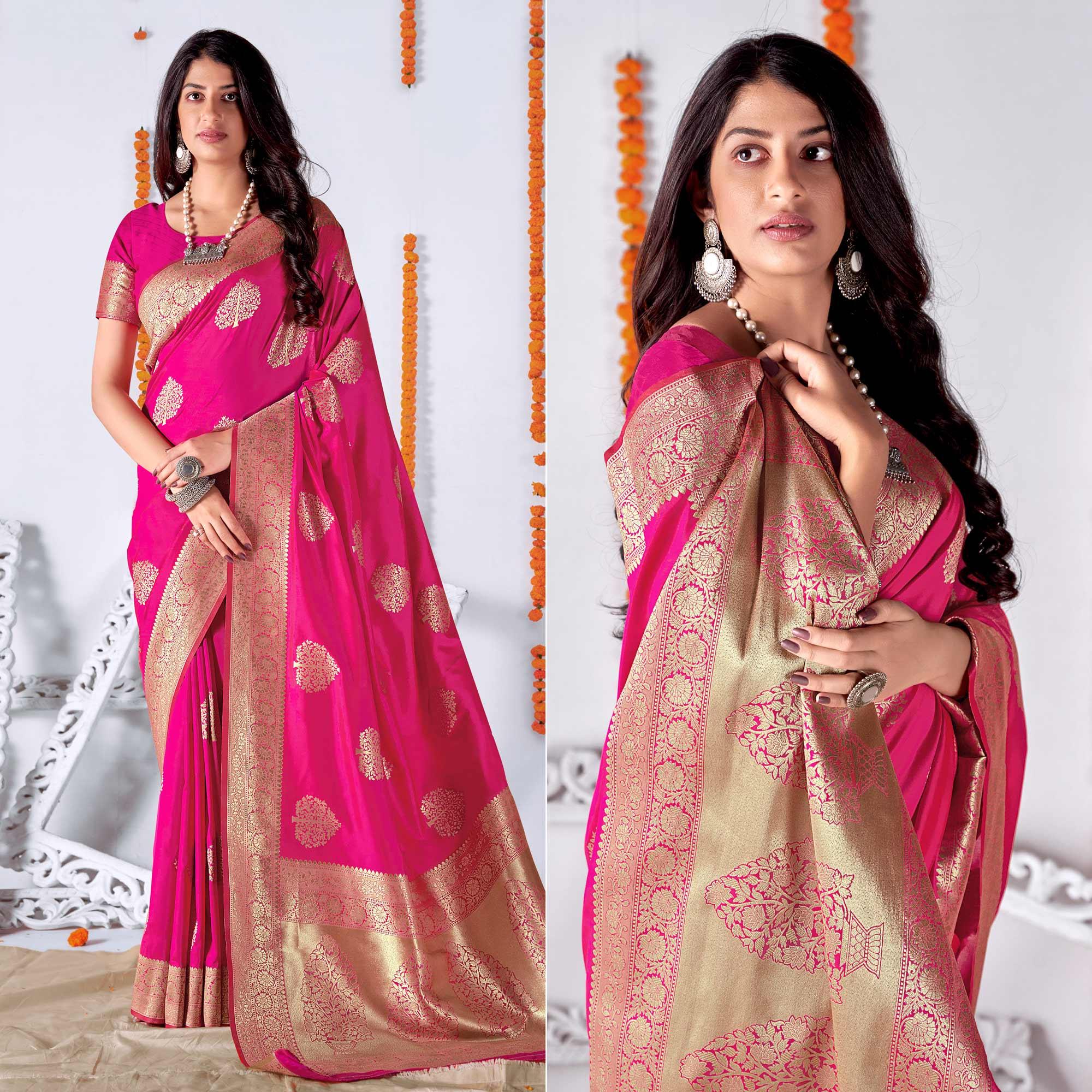 Rani Pink Woven Banarasi Silk Saree - Peachmode