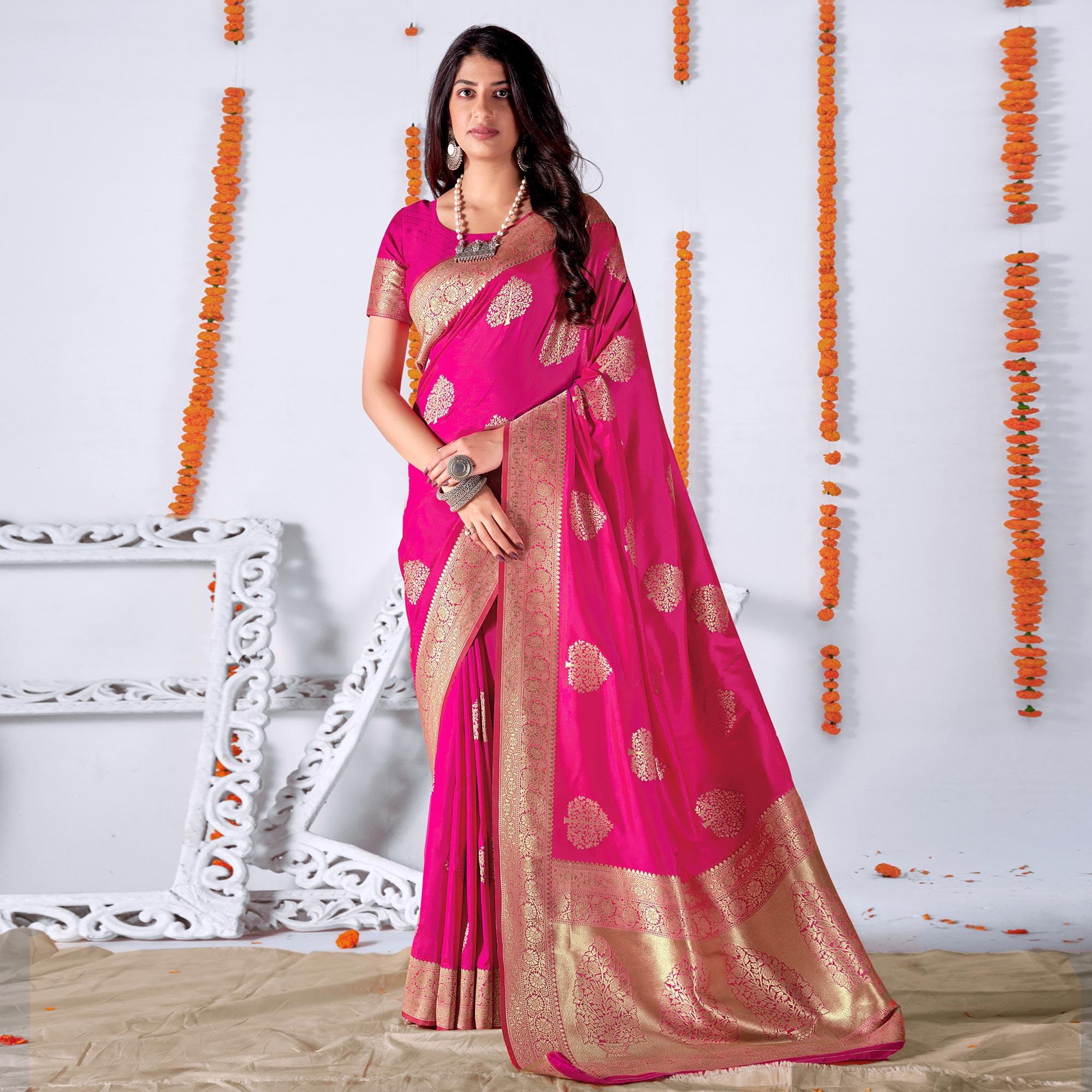 Rani Pink Woven Banarasi Silk Saree - Peachmode