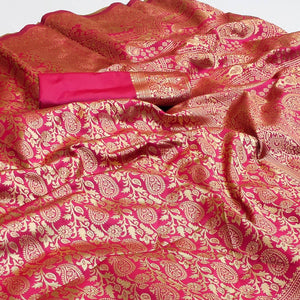Rani Pink Woven Banarasi Silk Saree - Peachmode